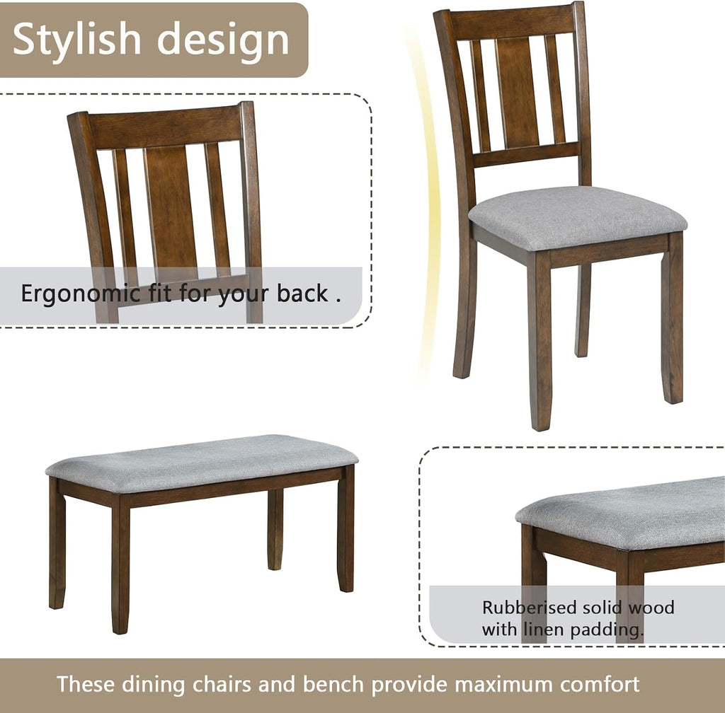 KEIKI 6-Piece Standard Height Dining Table Set with Rectangular Table, 4 Upholstered Slatted Backrset Chair, Bench, for 6 Person, Modern Table Set, Easy Assembly, for Kitchen, Dining Room, Walnut