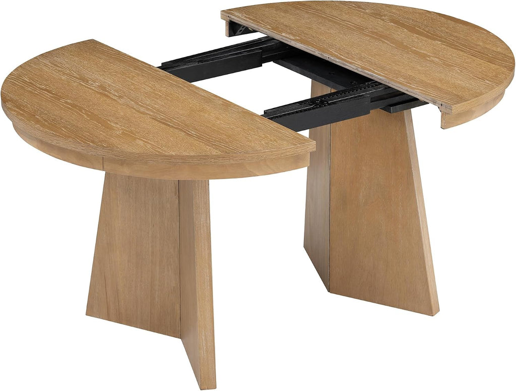 Merax Extendable Round Dining Table Set for 4, Wooden Construction with Upholstered Chairs with Rattan Backrests, Retro Style for Kitchen, Indoor Use, Natural