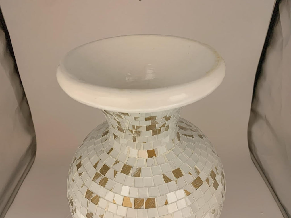 Floor Vase, 24 Inch Mosaic Vase – Tall Cylinder Made of Terracotta with White and Gold Glass Mosaic Pieces – Handcrafted Decorative Home Décor Accent Piece for Bedroom, Living Room, Office