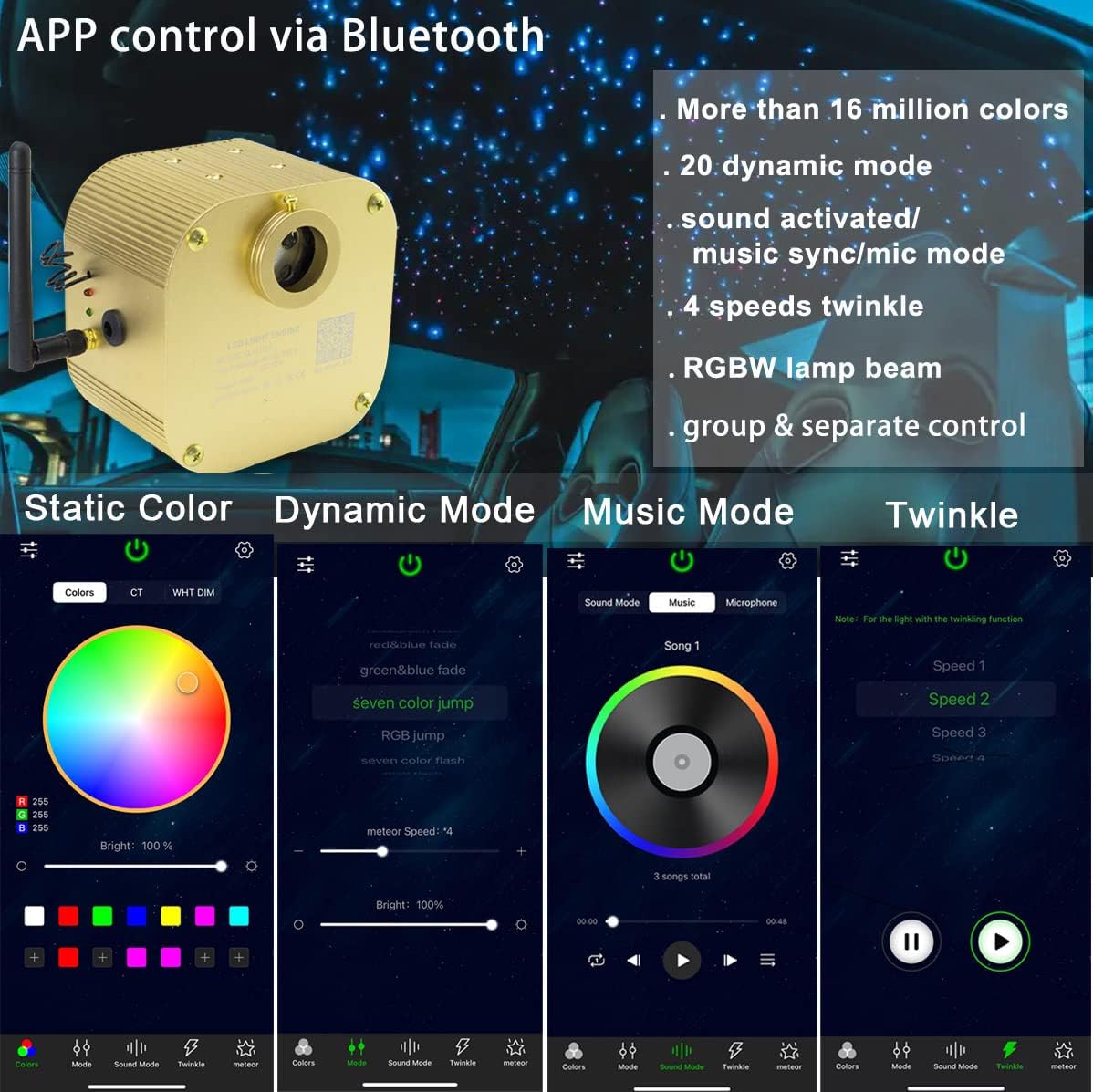 AZIMOM Bluetooth/APP Control 16W Twinkle Fiber Optic Lights Star Ceiling Lighting Kits 550pcs*0.03in13.1ft Fiber Strands RGBW Music Sound Control Light Engine Home Indoor Car Interior Decor
