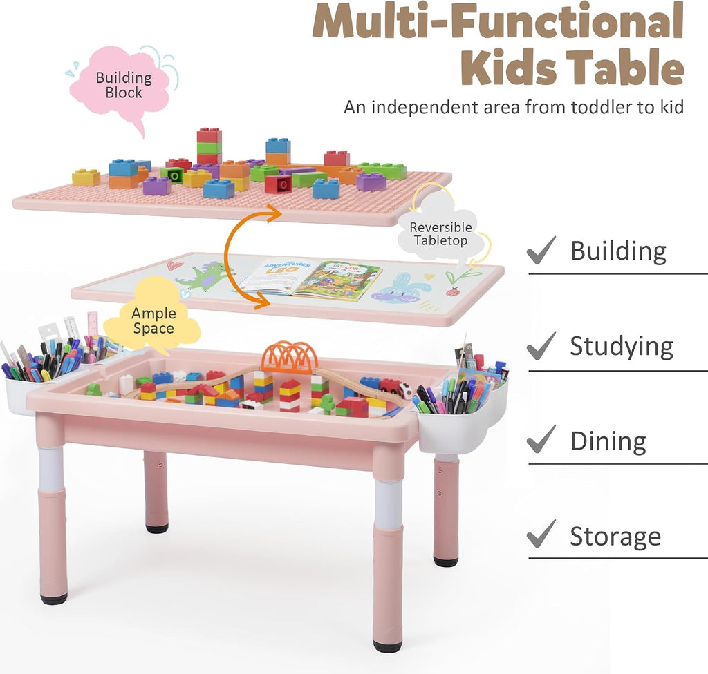 Kids Table and Chairs Set Large Storage, Height Adjustable Toddler Activity Table and 2 Chairs Set, 34.6x24.8' Graffiti/Block Building Desktop, 4 Side Boxes, Kids desk for Home, Preschool, Classroom
