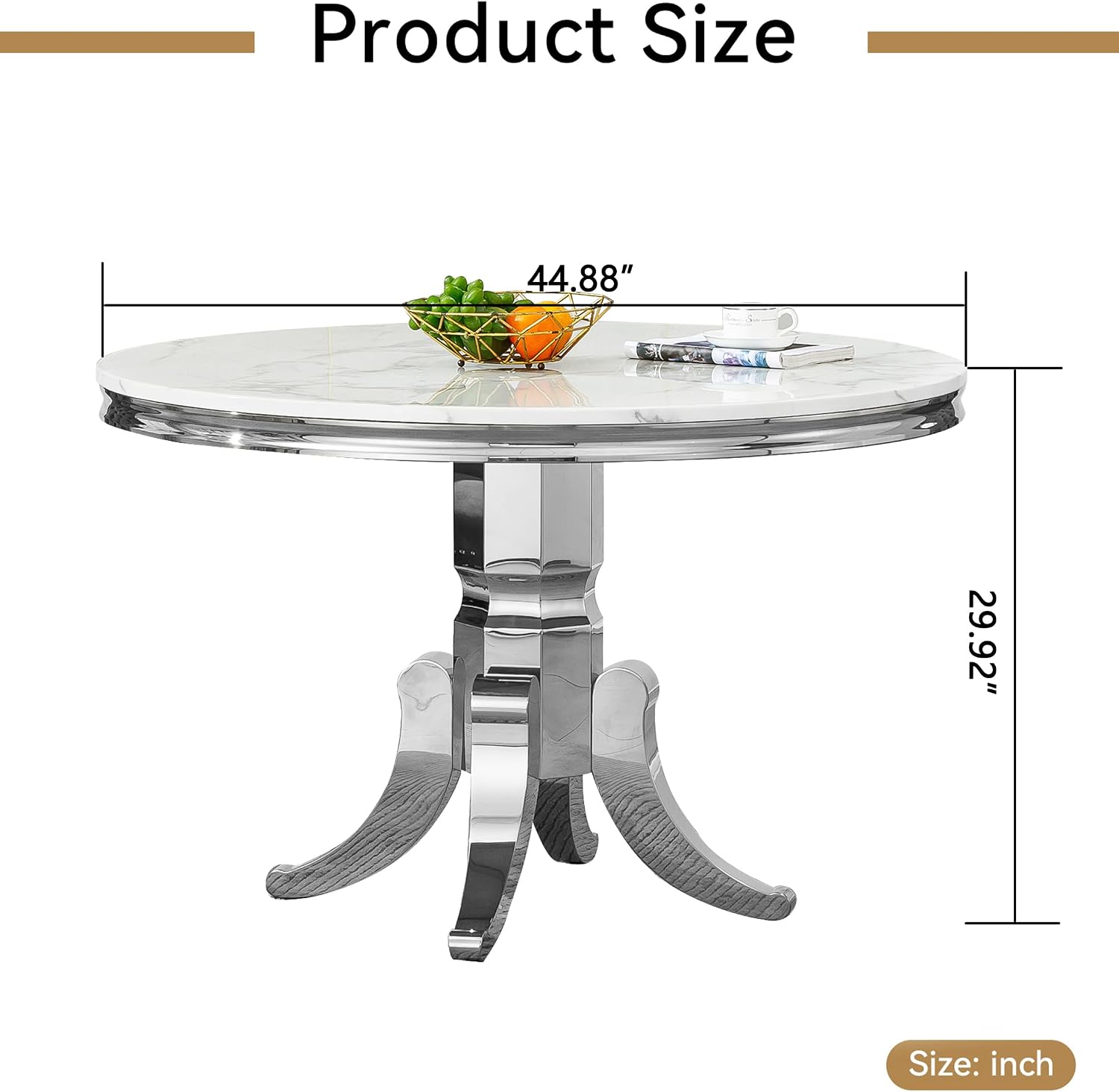 45 in Round Marble Dining Table for 4 to 6, Modern Circular White Faux Marble Kitchen Table with Silver Stainless Steel Leg, Round Kitchen Dining Room Table for Breakfast Dinette Dinner Dinning Room