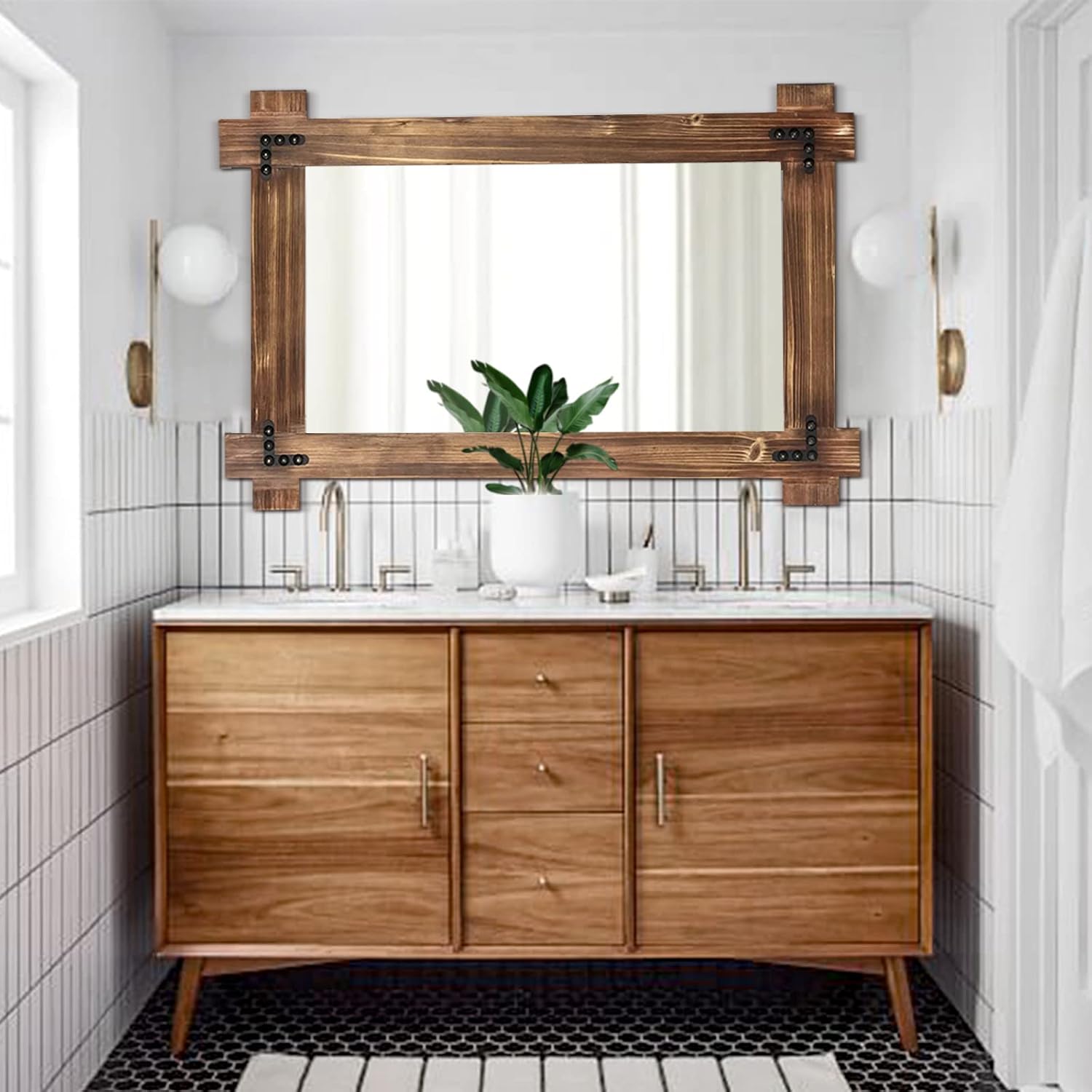 MeMoreCool 36x24 Farmhouse Rustic Wood Framed Bathroom Mirror, 24x36 Inch Wall Mounted Vanity Mirror for Bathroom Bedroom Entryway Living Room