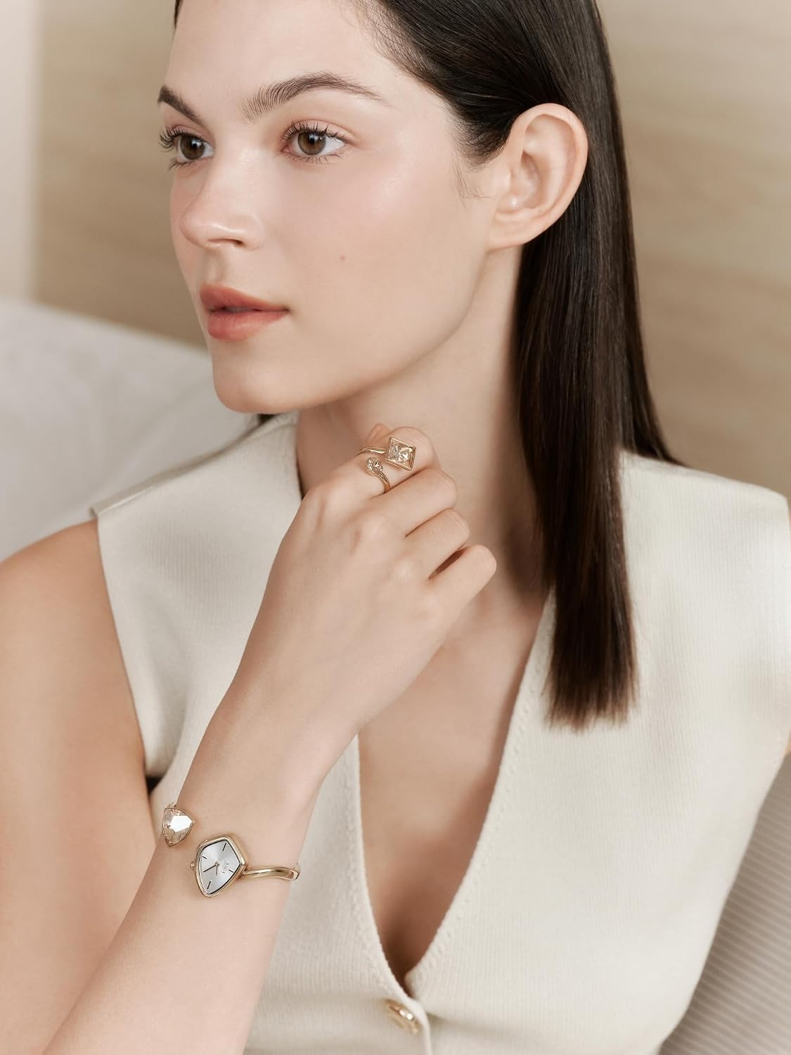 SAGA Phantom Luxury Cuff Watch – Softened Rhombus Case, Sunray Dial & Danube Crystals, Japanese Quartz, 30M Water Resistant – Elegant Gift (2 Sizes)