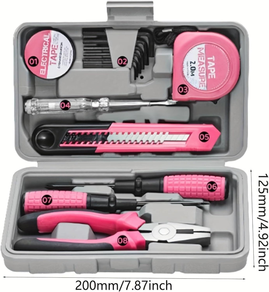 13pcs pink household manual toolbox, including pliers, tape measure hammers, and other tools, can be used Compatible with home repairs.(Art knife style)