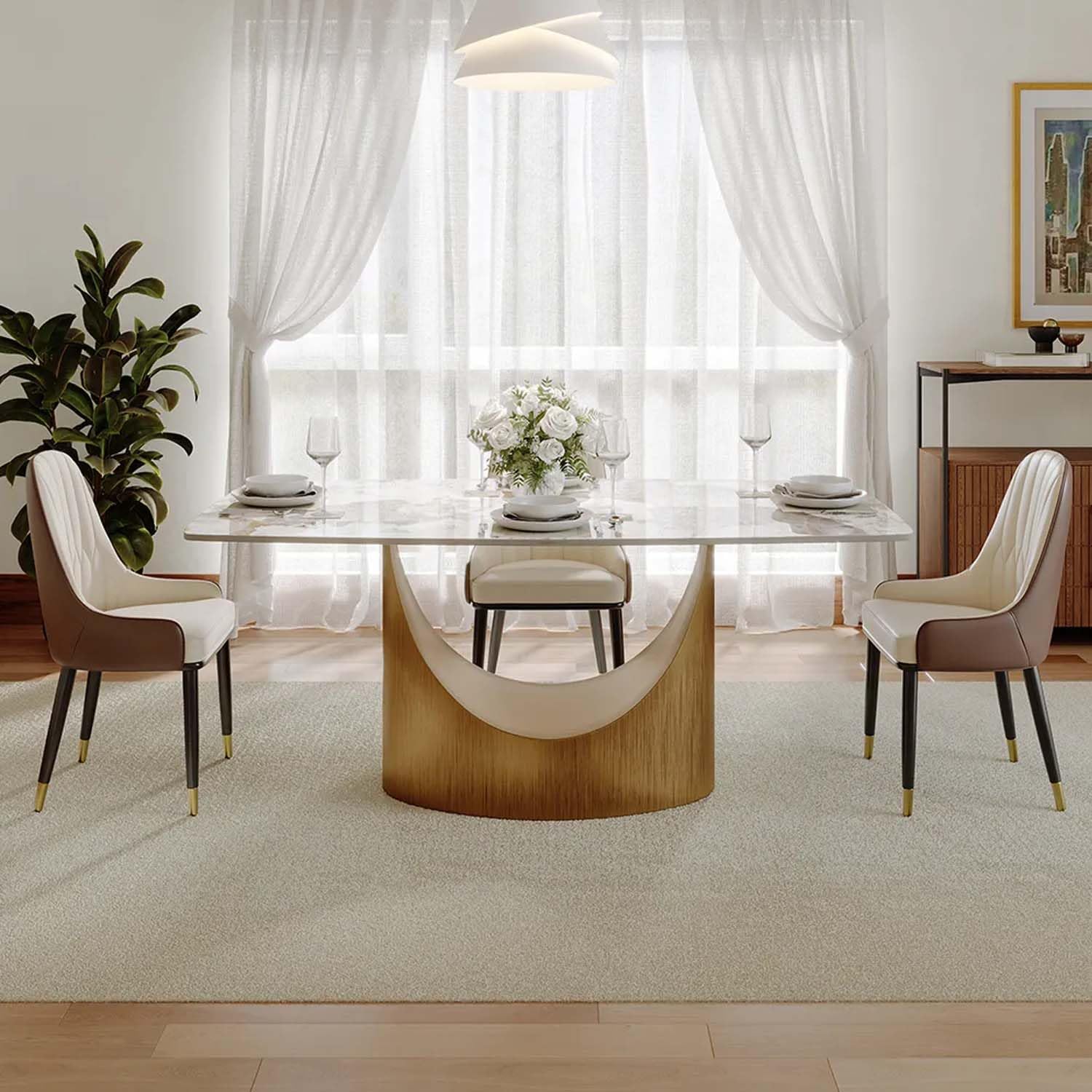 POVISON 63' Hobart Dining Table for 4, Rectangular Dining Table, Glossy Pandora Sintered Stone Tabletop with Bronze Carbon Steel Base for Dining Room (Table Only)