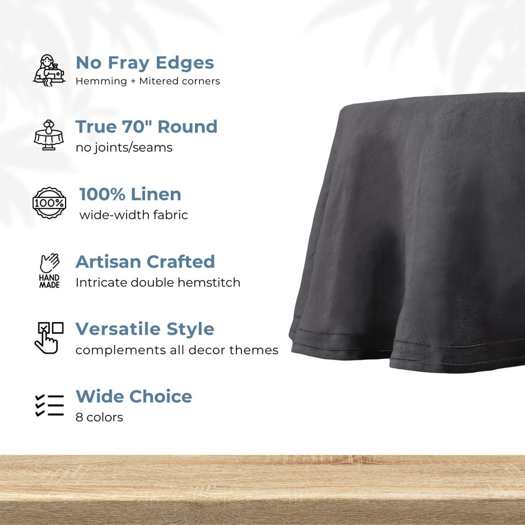 BLUE FLOWER CO Premium 100% Pure Linen Tablecloth 70' Round, Double Hemstitched Table Cover for Dinner, Parties, Eco-Friendly Reusable, Fall & Winter Table Décor - Charcoal
