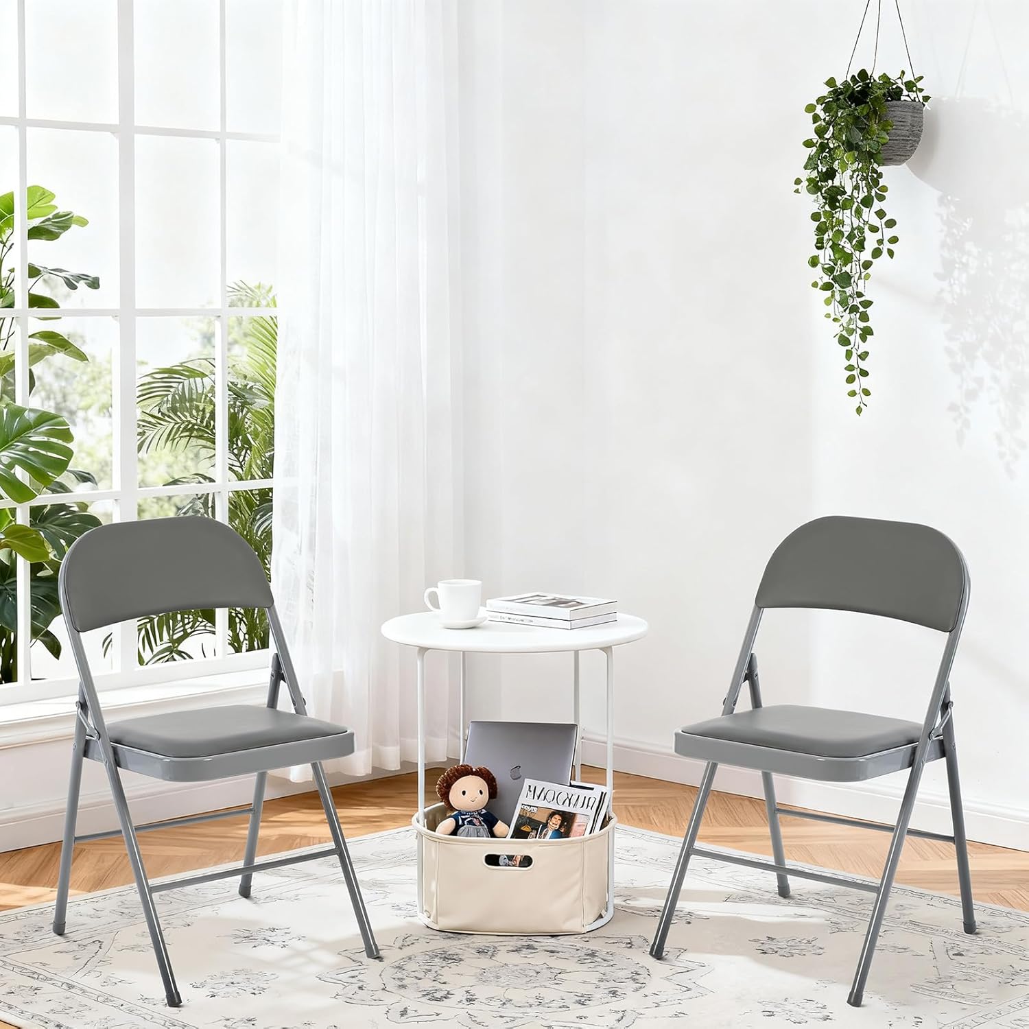 DUMOS 8 Pack Folding Chairs with Padded Cushion and Back - PU Leather Stackable Portable Dining Chairs Set, for Home and Office, Conference, Wedding, Party, Patio, Garden, for Indoor Outdoor, Grey