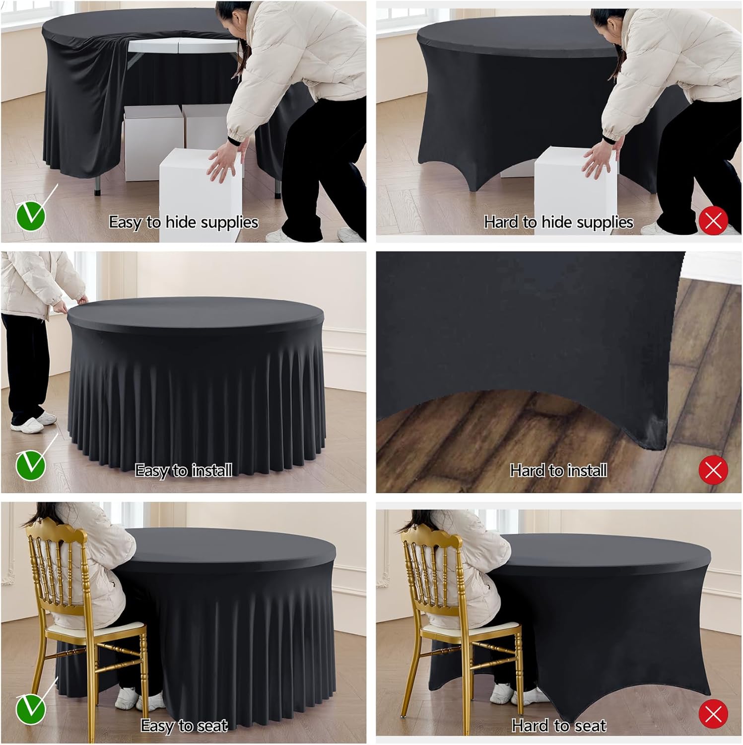 Outpain 12 Pack Spandex Black Round Tablecloths for 60 Inch/5FT Tables - Stretchy Table Cloth with Skirt, Wrinkle-Free Fitted Cloth for Wedding Vendor, Banquet & Graduation Decor (120' Round)
