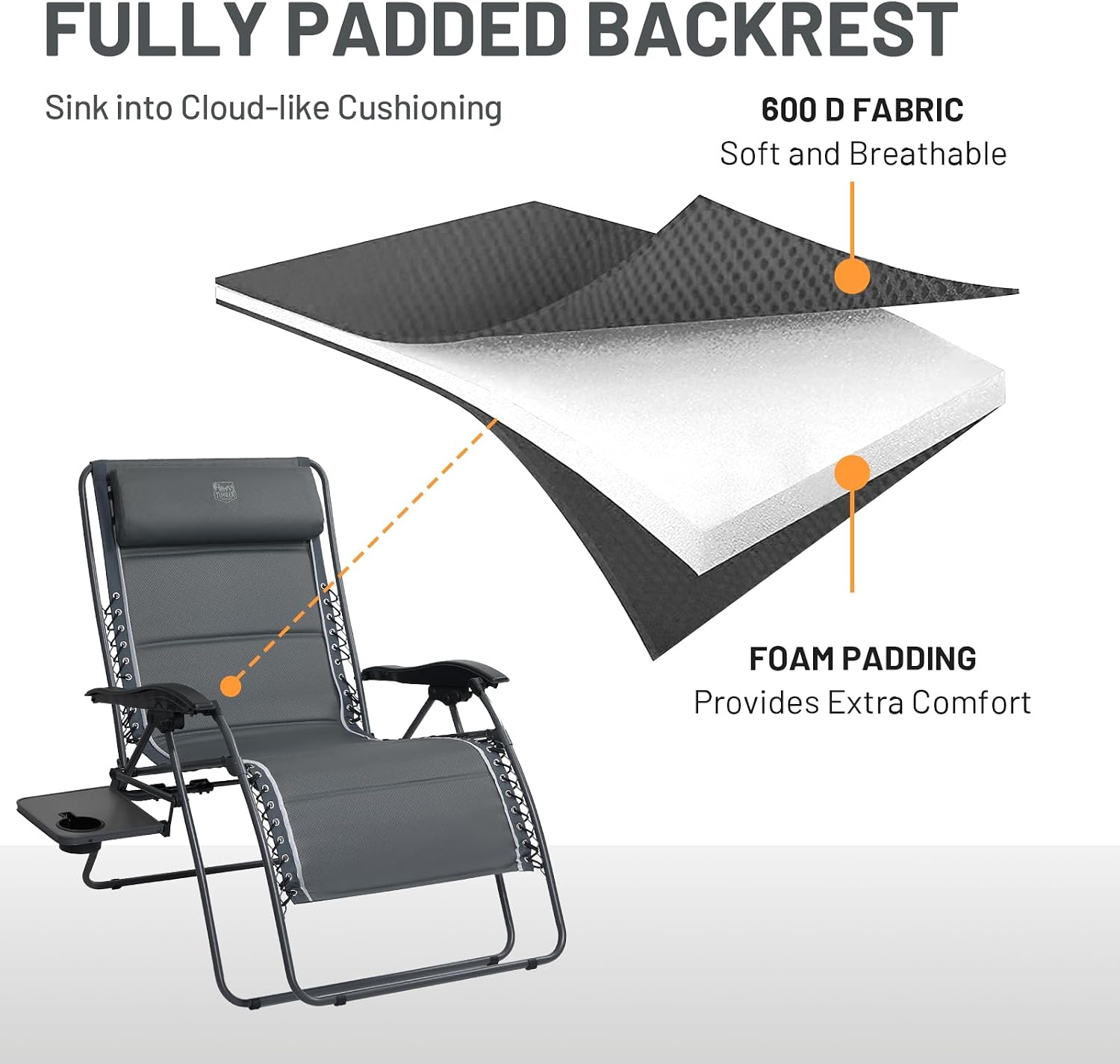 Timber Ridge Oversized Zero Gravity Chair, 33In Wide XXL Zero Gravity Reclining Chair with Side Table, Full Padded Lounge Chair for Outdoor Camping Patio Lawn, Heavy Duty Supports 500lbs, Grey-1 Pack