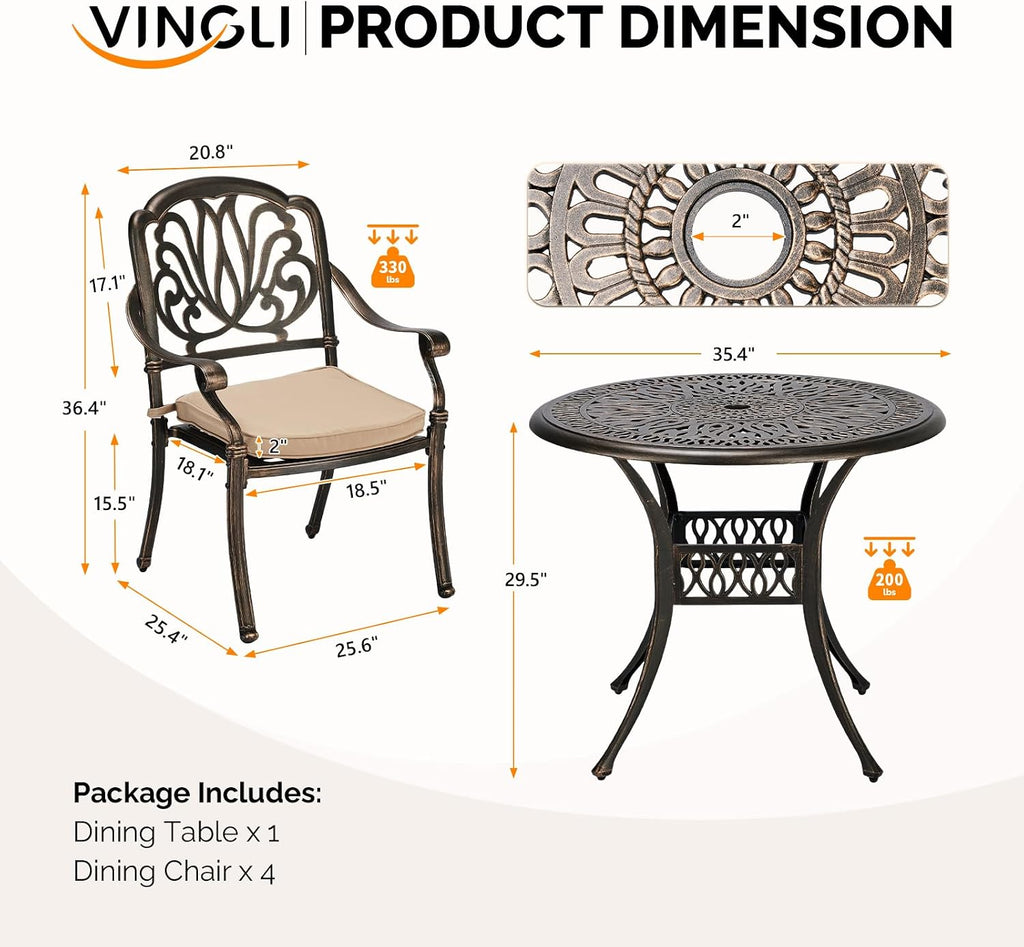 VINGLI 5-Piece Outdoor Patio Dining Set, Cast Aluminum All-Weather Outdoor Table and Chairs w/Cushion, Outdoor Furniture Set w/Umbrella Hole for Backyard Deck Poolside (Round, Elizabeth Back)
