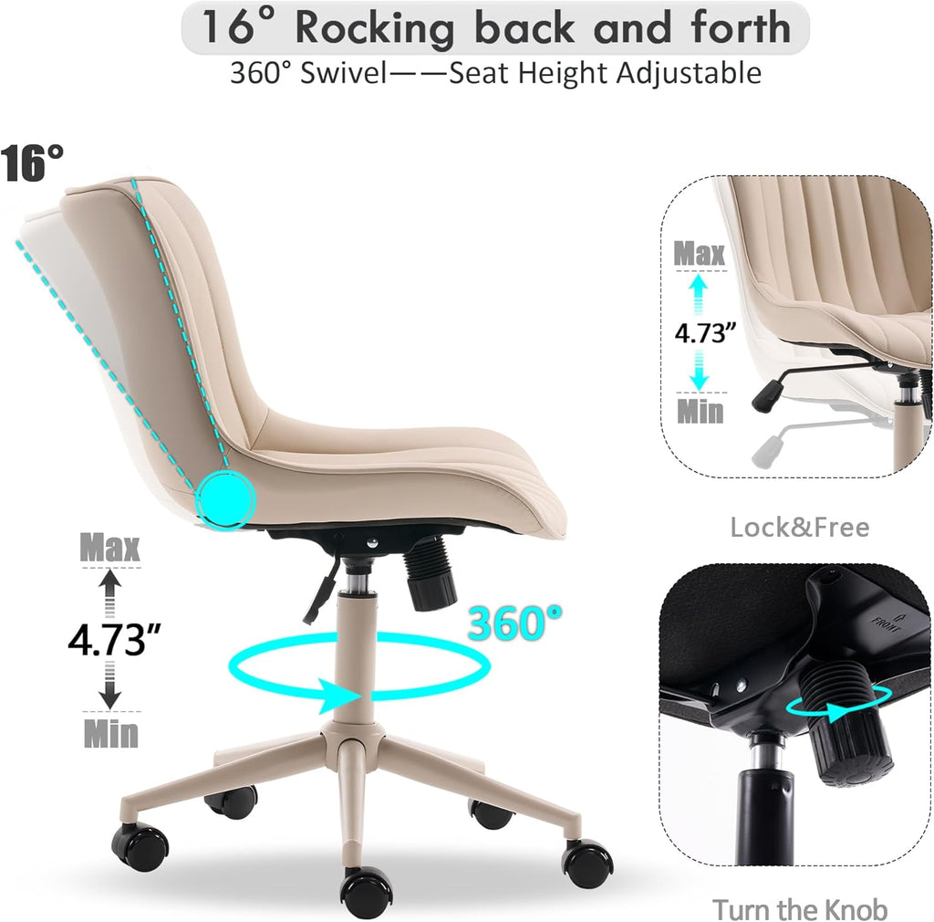 YOUNIKE Home Office Desk Chair with Wheels Armless Vanity Chair with Back Comfy Modern Leather Upholstered Rolling Task Chair Swivel Small Cute Sewing Chair No Arms Wide Adjustable Ergonomic Cream