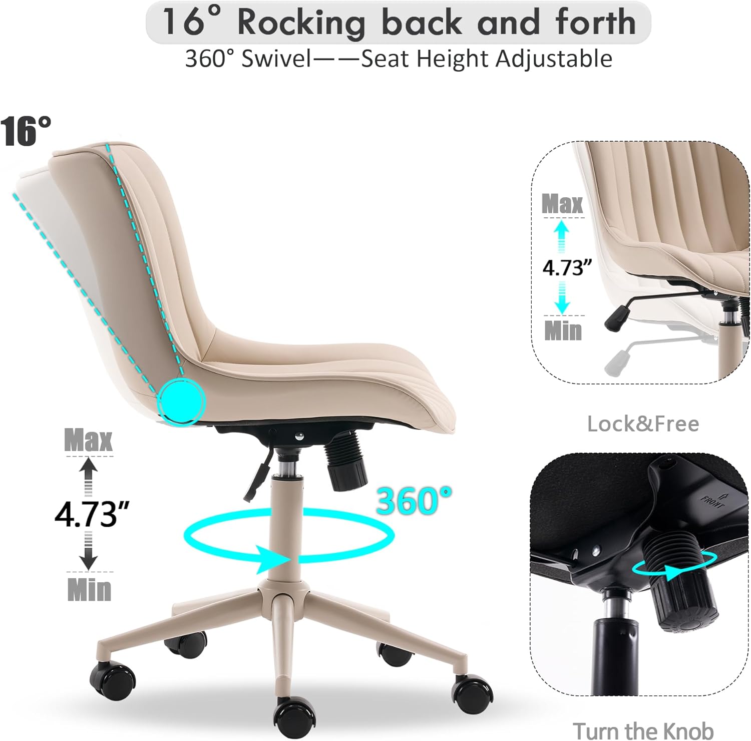 YOUNIKE Home Office Desk Chair with Wheels Armless Vanity Chair with Back Comfy Modern Leather Upholstered Rolling Task Chair Swivel Small Cute Sewing Chair No Arms Wide Adjustable Ergonomic Cream