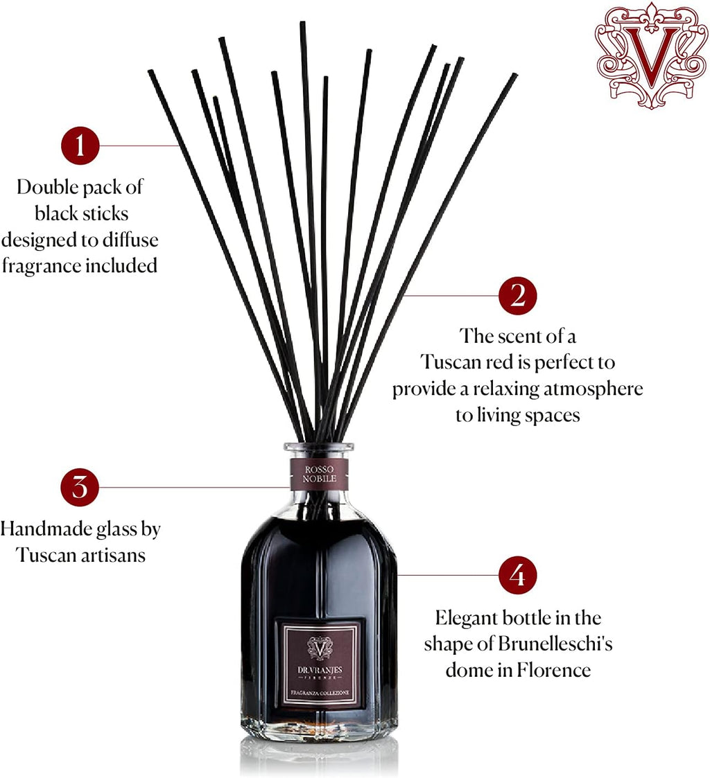 Dr. Vranjes - Rosso Nobile 500 ml Diffuser + Double Pack of Black Sticks (3 Pieces Bundle) - Luxury Home Fragrance, Made in Italy, Main Scent Fruity: Orange, Strawberry and Red Berries, Birch