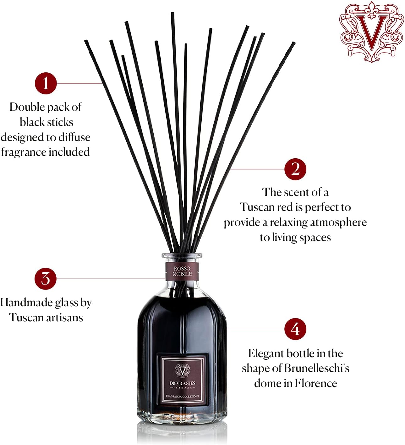 Dr. Vranjes - Rosso Nobile 500 ml Diffuser + Double Pack of Black Sticks (3 Pieces Bundle) - Luxury Home Fragrance, Made in Italy, Main Scent Fruity: Orange, Strawberry and Red Berries, Birch