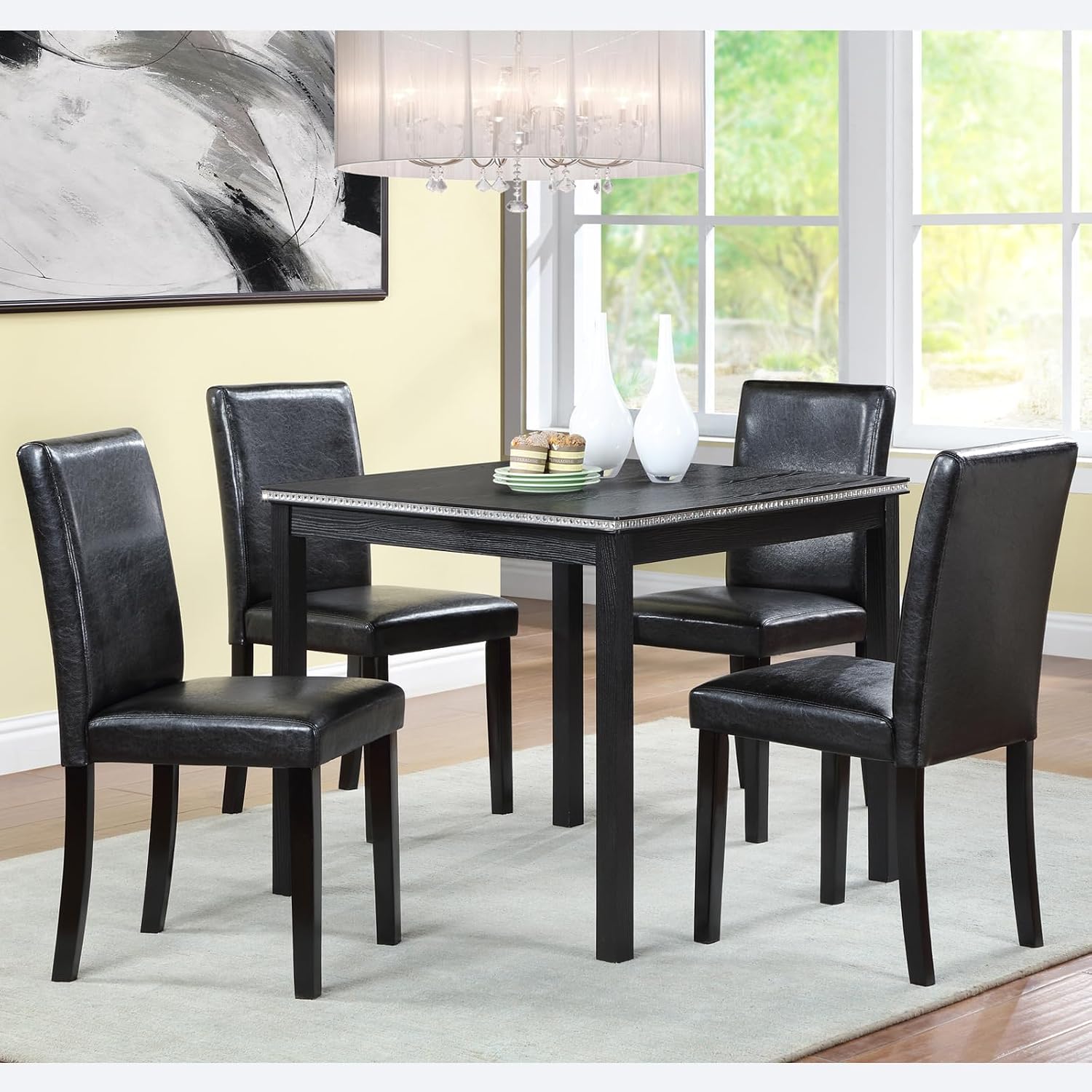 LUMISOL Dining Table Set for 4, 5-Piece Solid Wood Kitchen Table Set with 4 Upholstered Chairs for Kitchen, Dining Room, Black