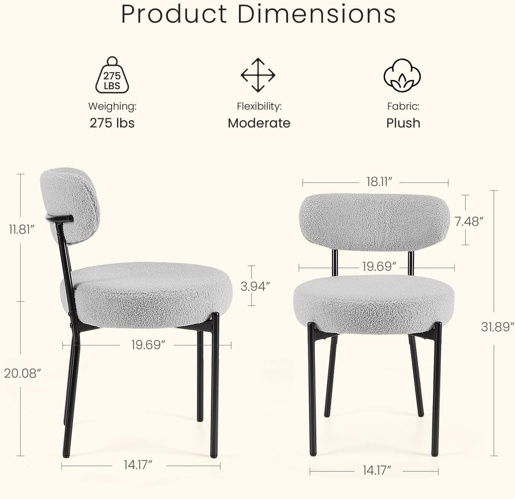 DUMOS Dining Chairs Set of 6, Mid Century Modern Chair Round Upholstered Curved Backrest, Kitchen Vanity Living Room Chairs with Black Metal Legs，Light Grey