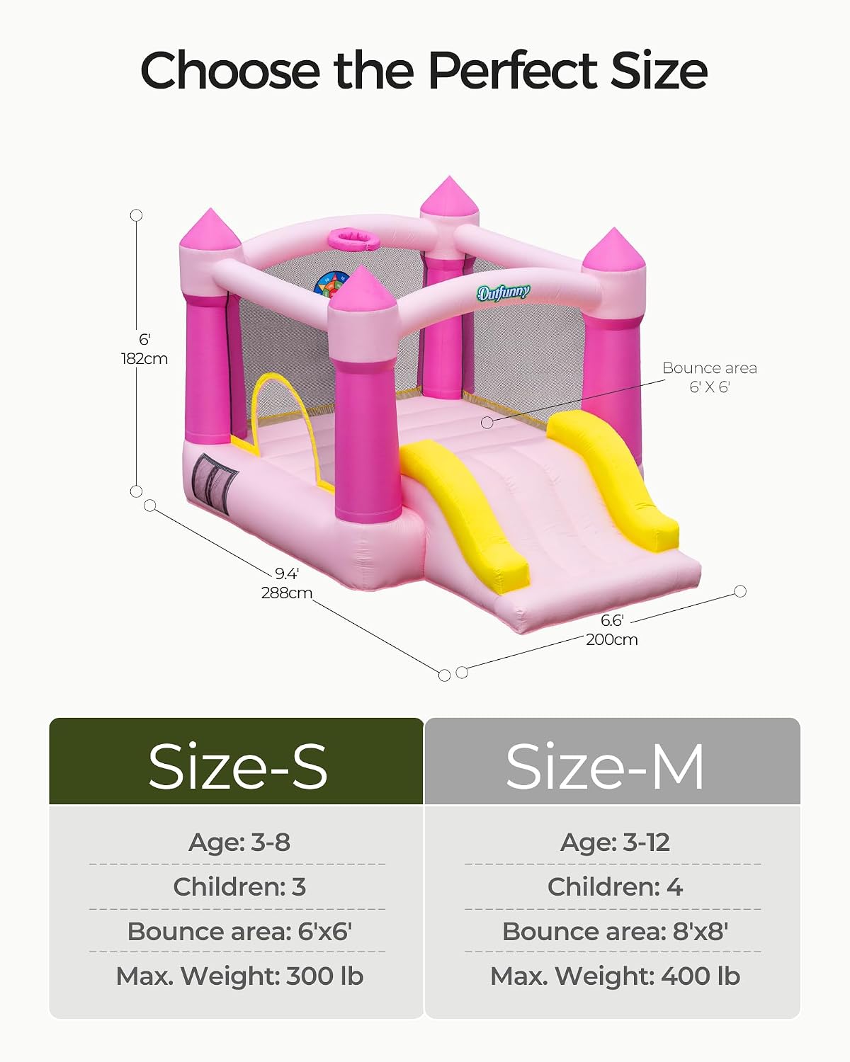 Outfunny Indoor Bounce House with Slide, Inflatable Bouncy House for Kids 3-8, Bounce Area 6'x6', Capacity 300 lb - Pink