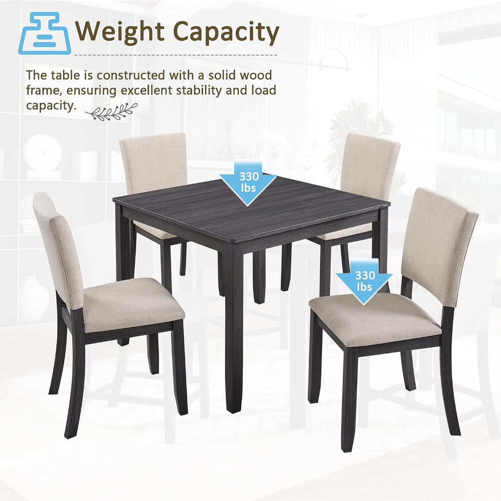 LUMISOL 5 Piece Dining Table Set for 4, Wood Kitchen Table Set with 4 Upholstered Chairs for Living Room, Kitchen, Dining Room, Antique Black+Beige