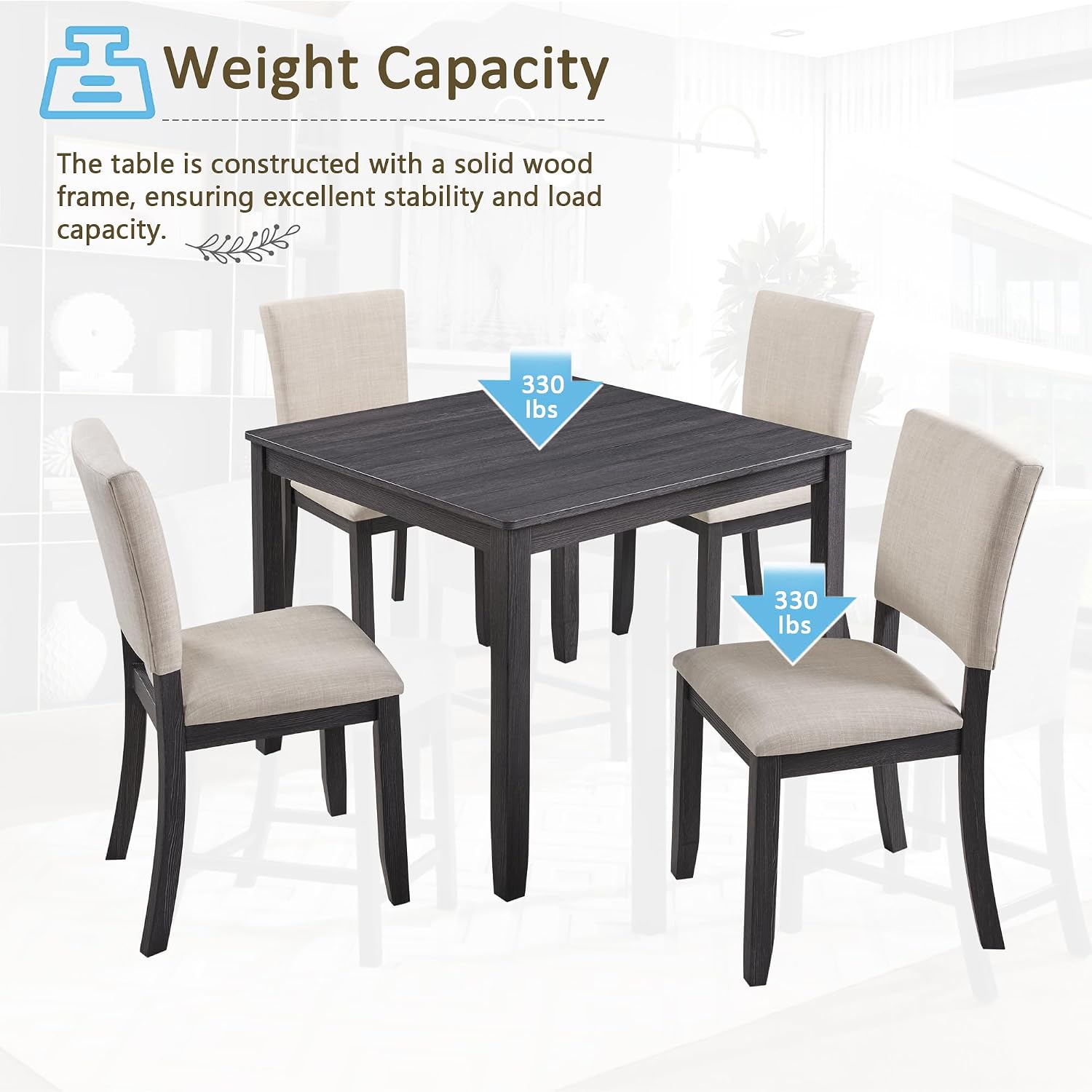LUMISOL 5 Piece Dining Table Set for 4, Wood Kitchen Table Set with 4 Upholstered Chairs for Living Room, Kitchen, Dining Room, Antique Black+Beige
