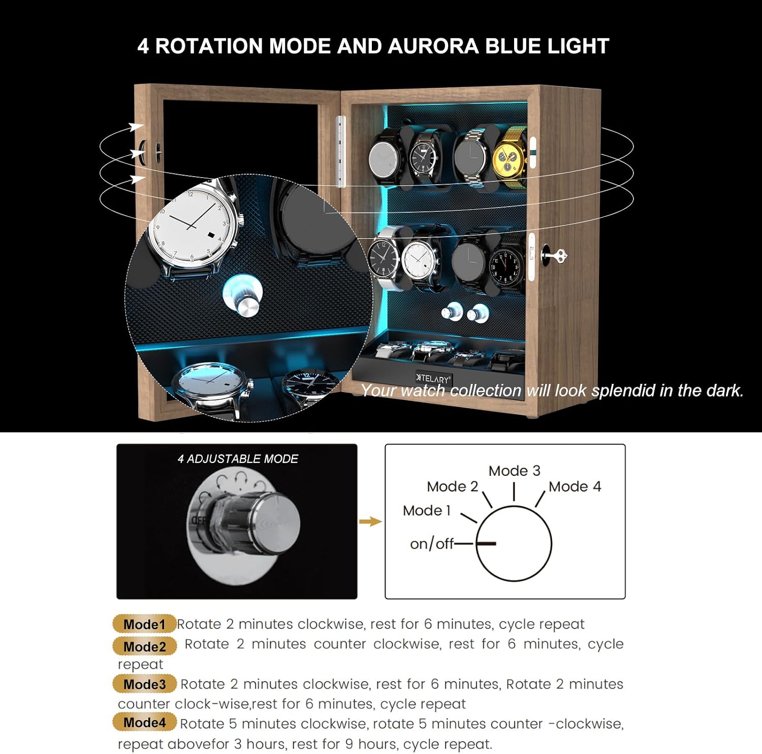 XTELARY Lockable Automatic Watch Winder - 4/6/8/12 Watch Storage, 4 Rotation Modes, Quiet Motor, Backlight