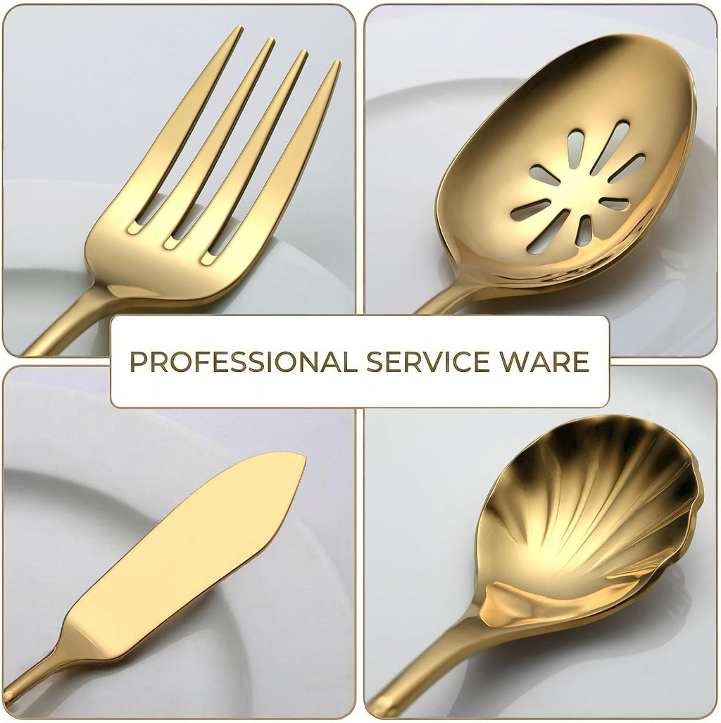 45-Piece Hammered Gold Flatware Set for 8,Premium 18/10 Stainless Steel Silverware Set with 5-Piece Serving Set,Modern Elegant Cutlery Set for Kitchen,Wedding,or Hosting,Dishwasher Safe