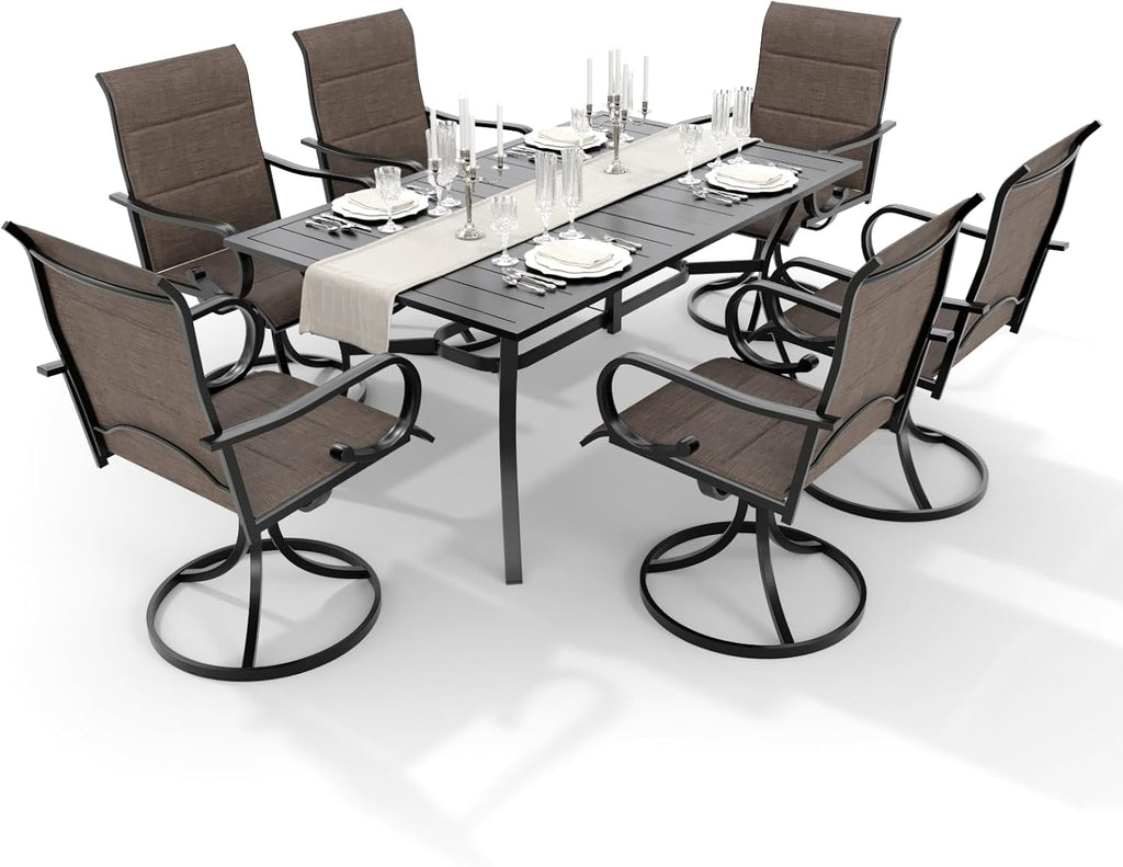 MELLCOM 7-Piece Outdoor Dining Set, 6 Swivel Rocker Chairs with High Back Textilene & Rectangular Metal Dining Table with Umbrella Hole, Patio Furniture Set for Porch, Deck, Brown