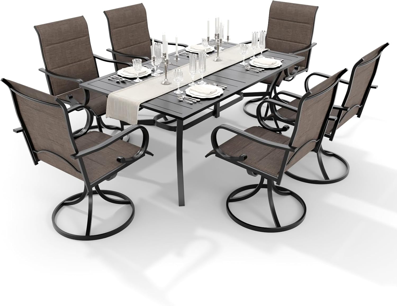 MELLCOM 7-Piece Outdoor Dining Set, 6 Swivel Rocker Chairs with High Back Textilene & Rectangular Metal Dining Table with Umbrella Hole, Patio Furniture Set for Porch, Deck, Brown