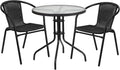 Flash Furniture Lila 28'' Round Glass Metal Table with Black Rattan Edging and 2 Black Rattan Stack Chairs