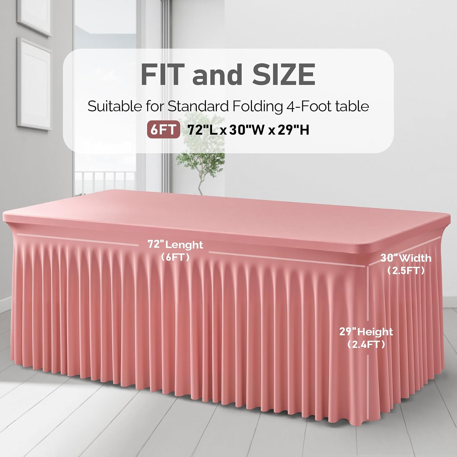 6 Packs Dusty Rose Table Clothes for 6 Foot Rectangle Tables, One-Piece Wrinkle Resistant Stretch Spandex Table Covers with Skirt for Event Banquet Wedding Birthday Party