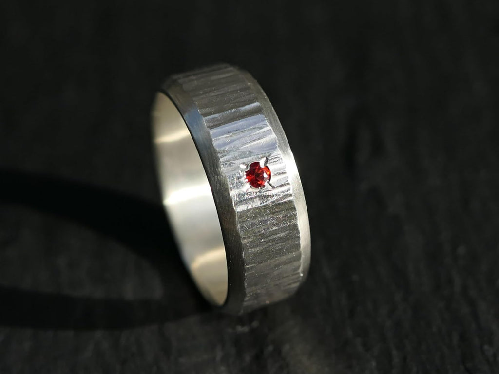 Hammered Sterling Silver Gemstone Band: Flush Set Gemstone Wedding Ring