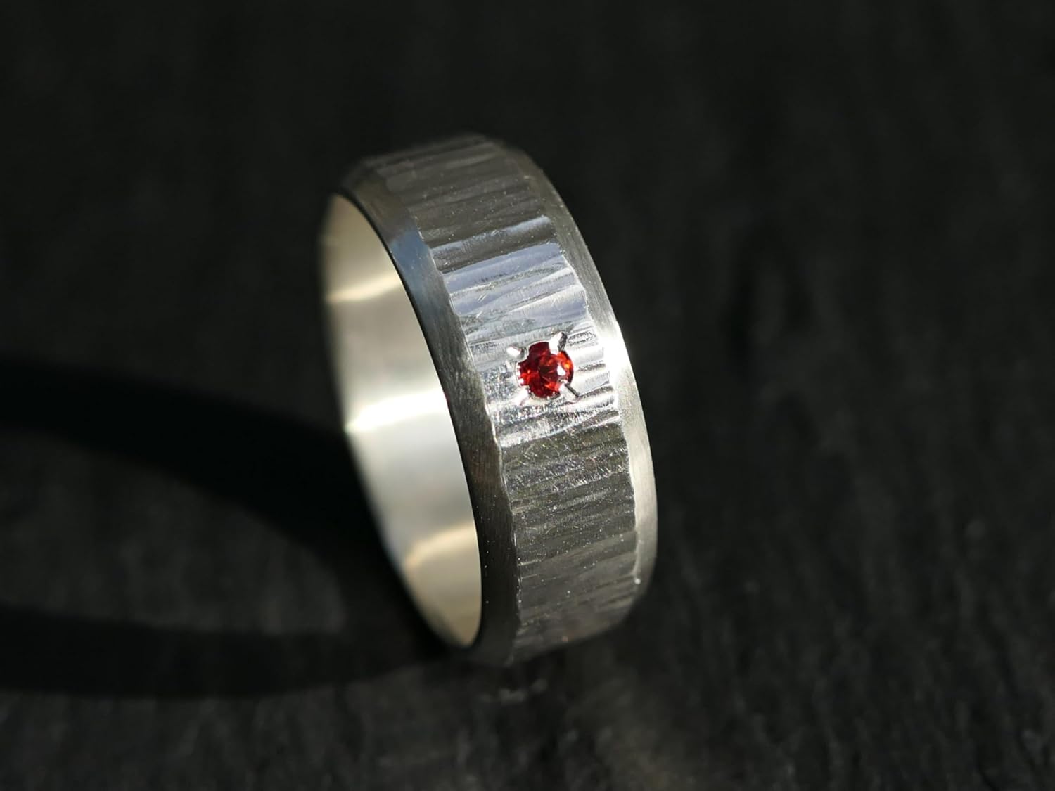 Hammered Sterling Silver Gemstone Band: Flush Set Gemstone Wedding Ring