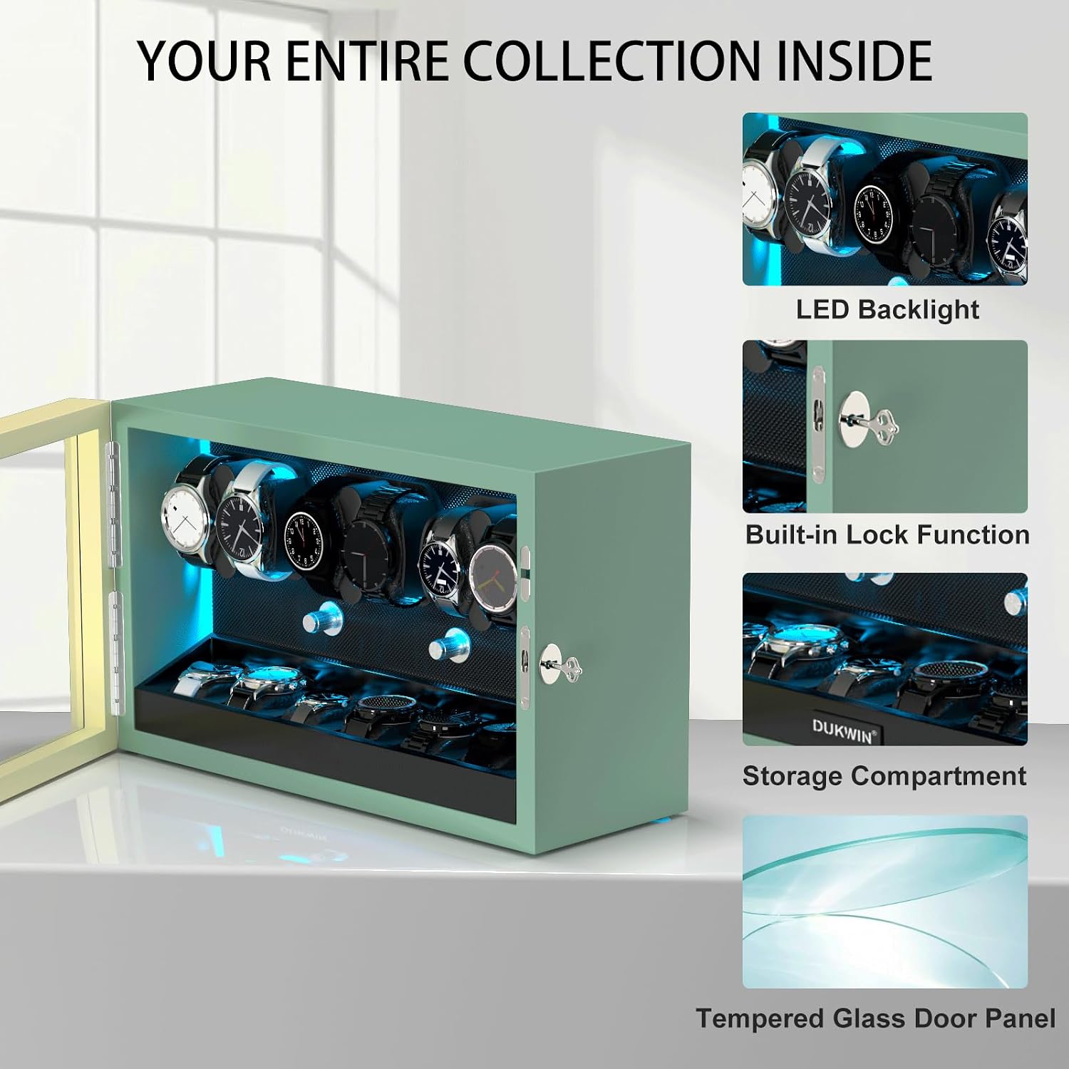 XTELARY Lockable Automatic Watch Winder - 4/6/8/12 Watch Storage, 4 Rotation Modes, Quiet Motor, Backlight