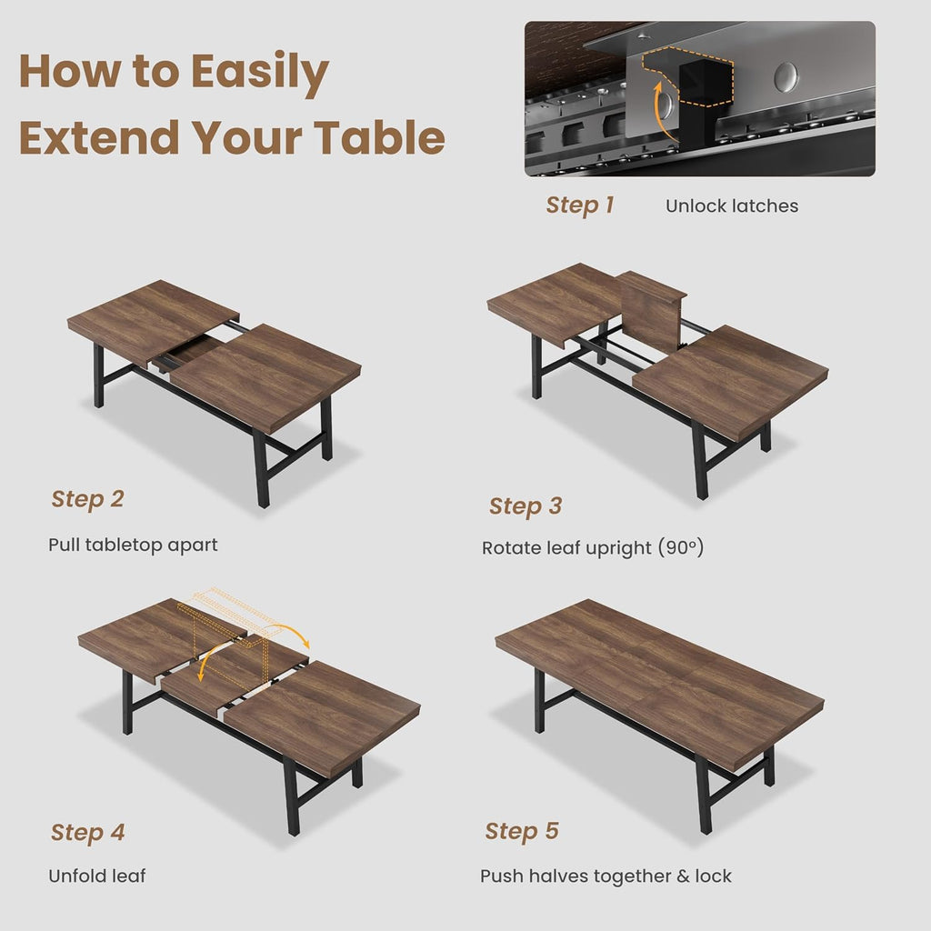 GarveeHome 63-83' Extendable Dining Table, Industrial Rectangular Dining Room Table for 6-8 People, Expandable Kitchen Table with Heavy Duty Metal Frame for Dining Room, Kitchen & Parties, Brown