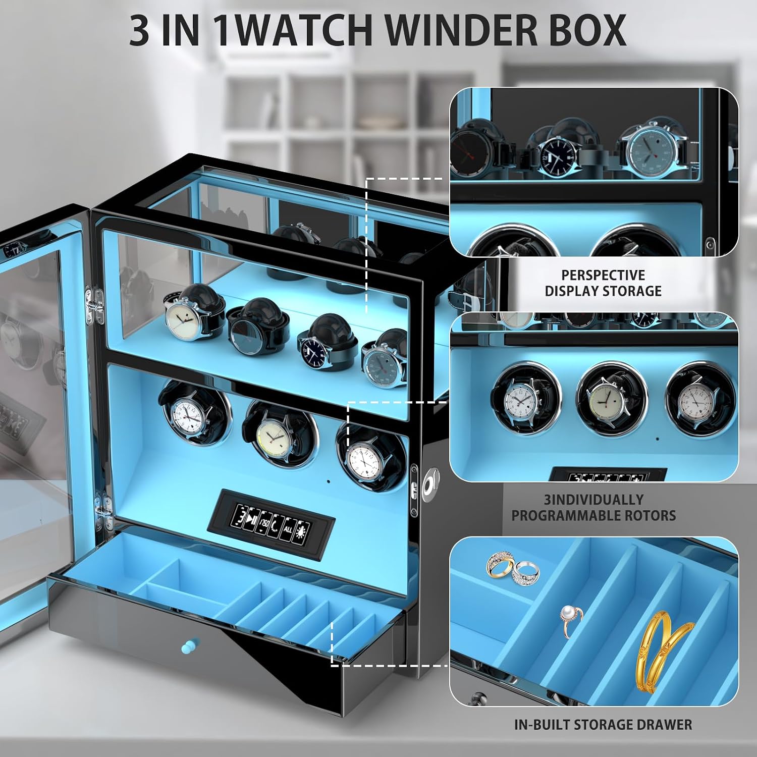 DUKWIN Watch Winder, Fingerprint Lock Automatic Watch Winder for 3/6/9 Watches with 4 Holders,300-2300 TPD,Digital Display, Remote Control,Jewelry Storage and Adjustable Watch Pillow and LED Light