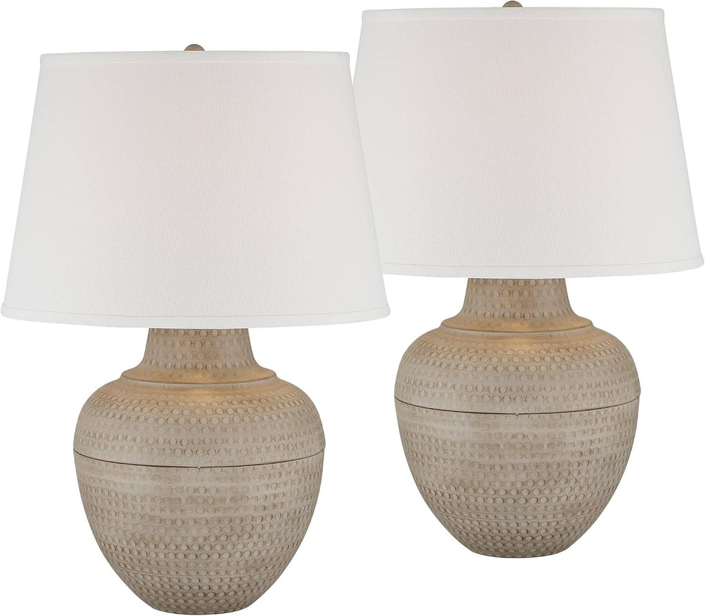 Barnes and Ivy Brighton 27 1/4' Tall Hammered Pot Farmhouse Rustic Modern Coastal Table Lamps Set of 2 Brown Beige Finish Metal Living Room Bedroom Bedside Nightstand House Office White Shade