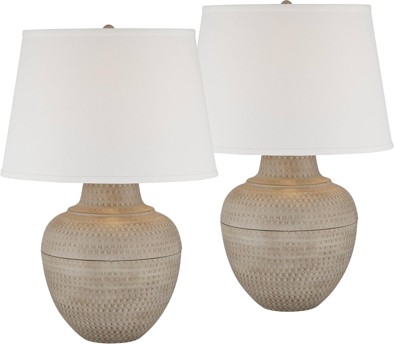 Barnes and Ivy Brighton 27 1/4' Tall Hammered Pot Farmhouse Rustic Modern Coastal Table Lamps Set of 2 Brown Beige Finish Metal Living Room Bedroom Bedside Nightstand House Office White Shade