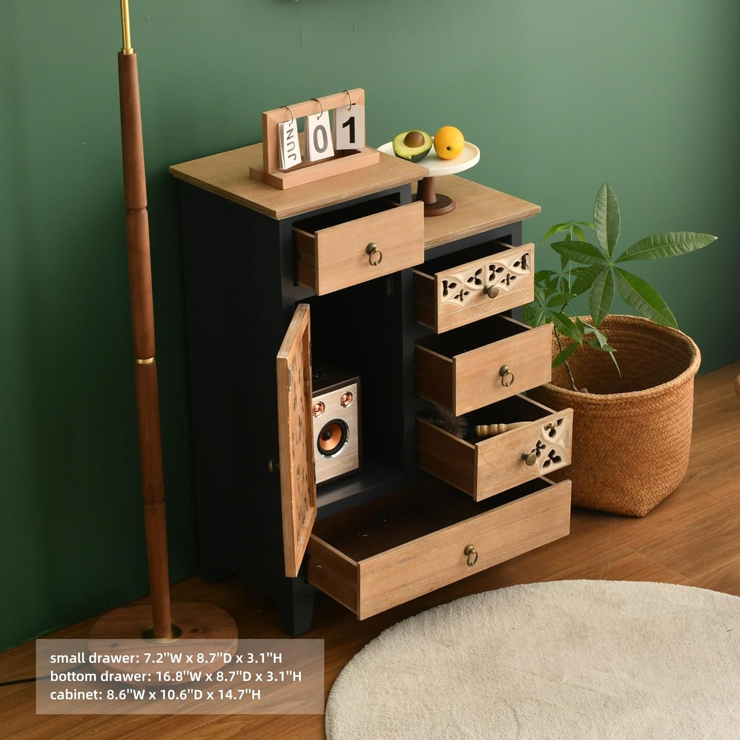 Ahokua Farmhouse Accent Chest with Carved Door and 5-Drawers, Vintage Storage Cabinet Modern Dresser for Living Room, Entryway, Hallway, Multi-Drawer Organizer, Natural and Deep Blue