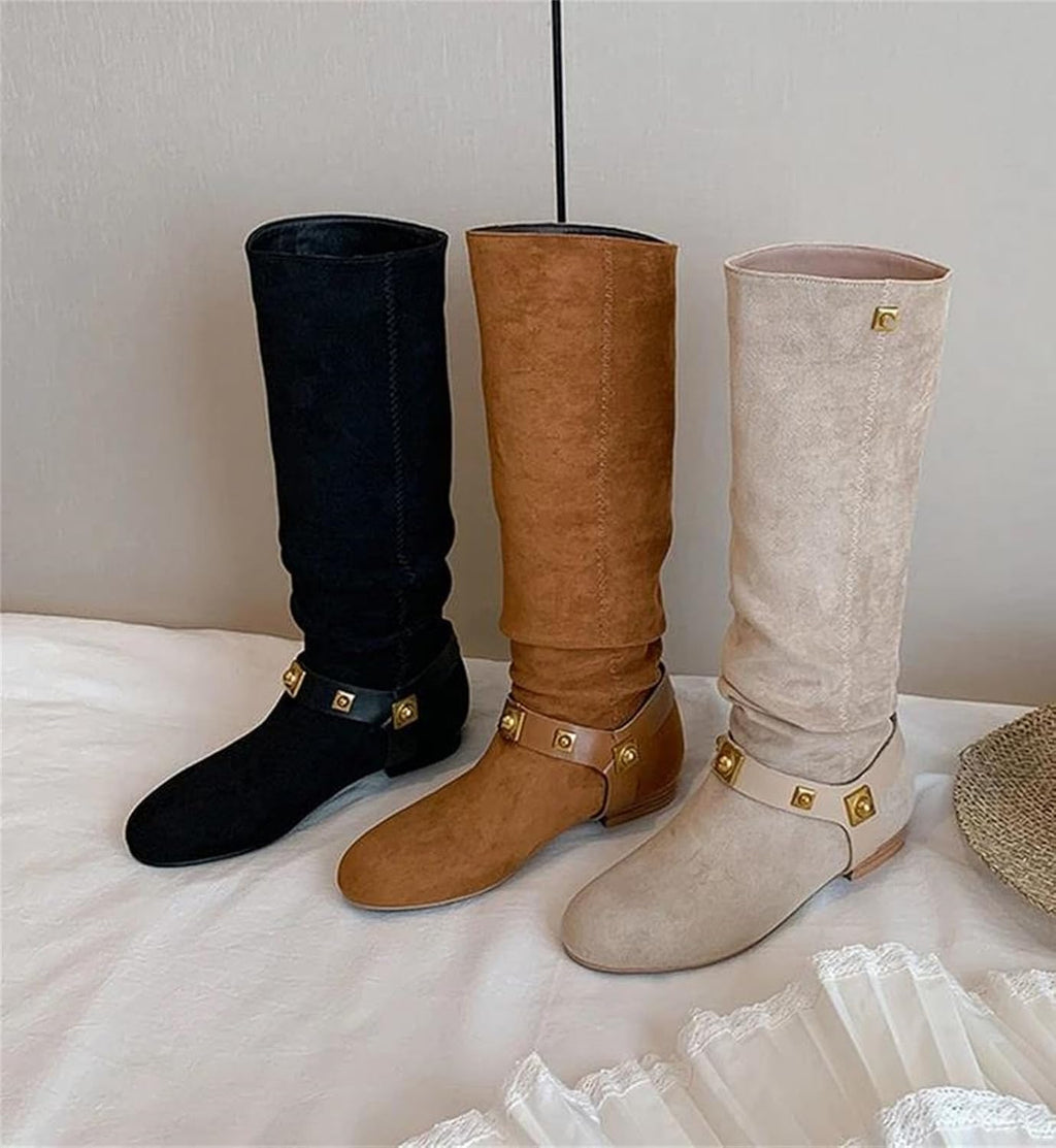 Women's Round Toe Suede Knee High Boots Low Heel Metal Rivet Belt Buckle Fall Winter Fashion Shoes