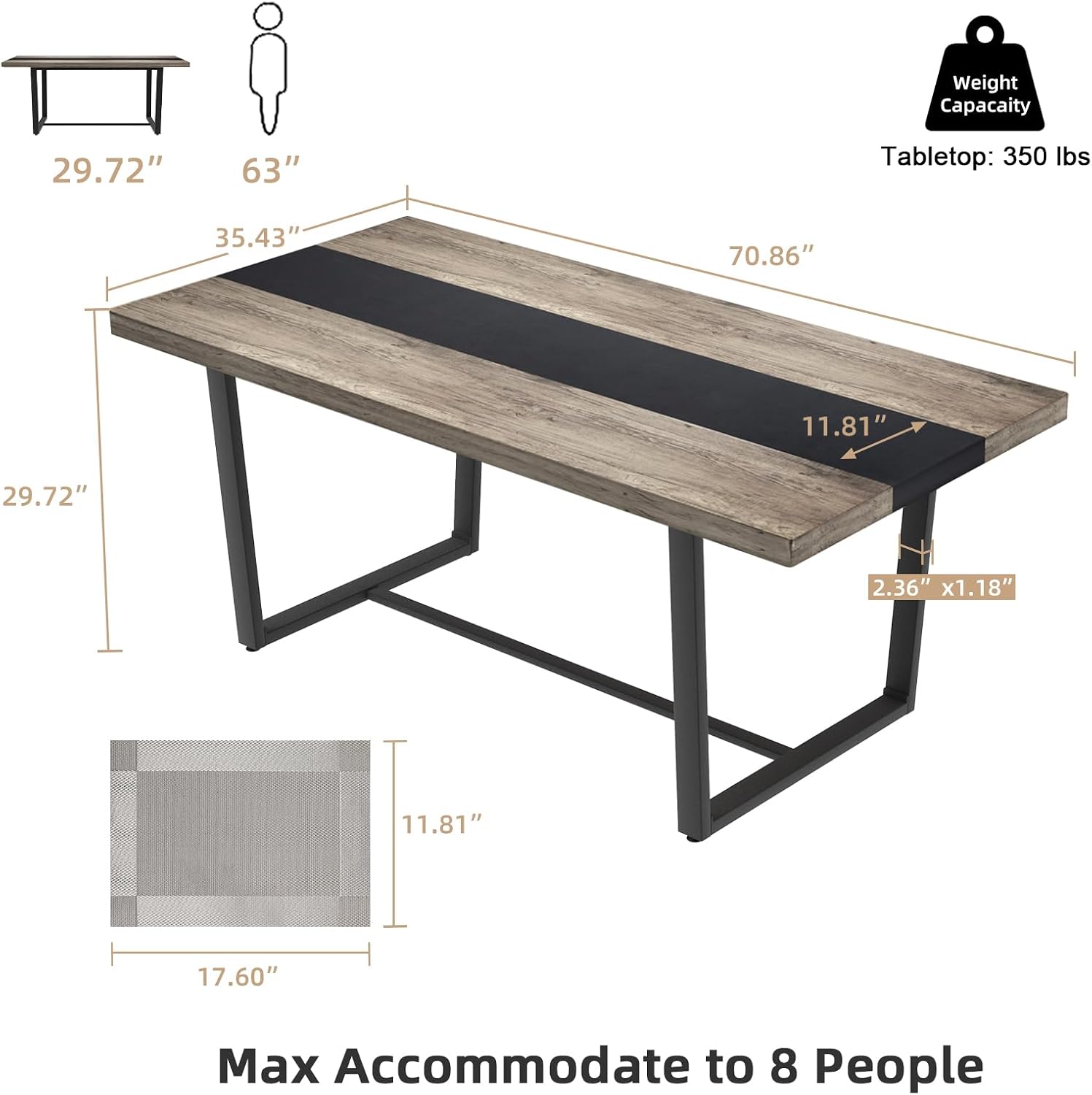 STHOUYN 71' 6ft Large Dinner Table for 6 8 Seat Dining Room Table, Rectangular Farmhouse Modern Kitchen Long Black & Grey Industrial Conference (Grey)
