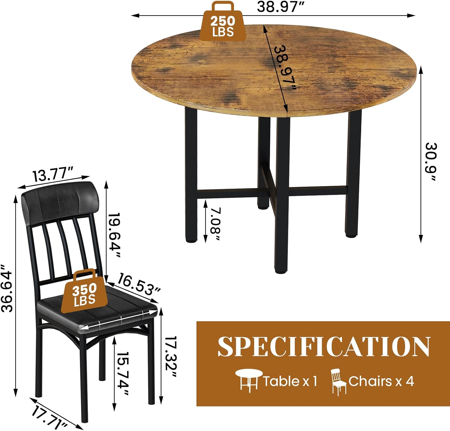 AWQM Round Dining Table Set for 4, Wood Circle Kitchen Table and Chairs Set for 4, Modern Dining Room Sets with 4 Faux Leather Chairs, Round Dinner Table for Small Space, Walnut