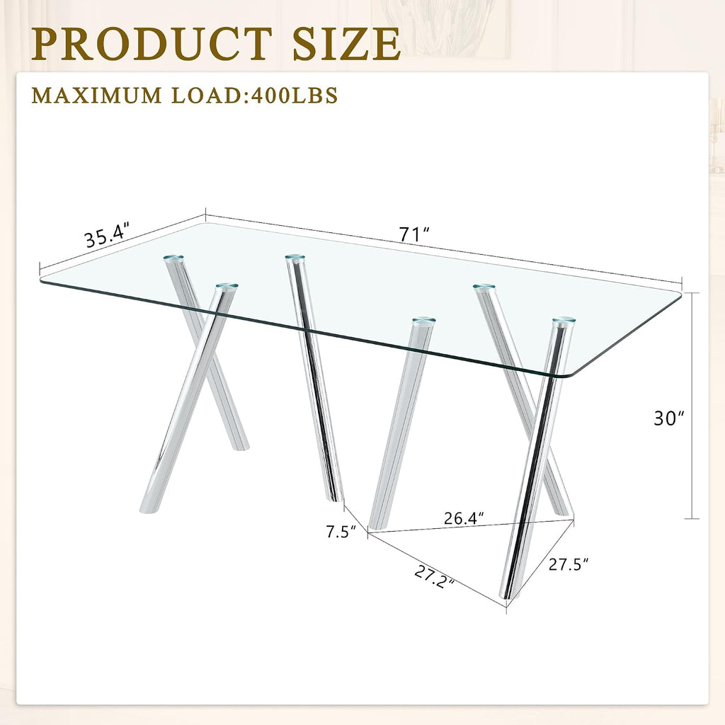 71' Glass Silver Dining Table for 4 6, Modern Kitchen Dining Room Table with 0.39' Thick Tempered Glass Tabletop and Metal Legs, Large Rectangle Dinner Tables for Home Kitchen Living Room