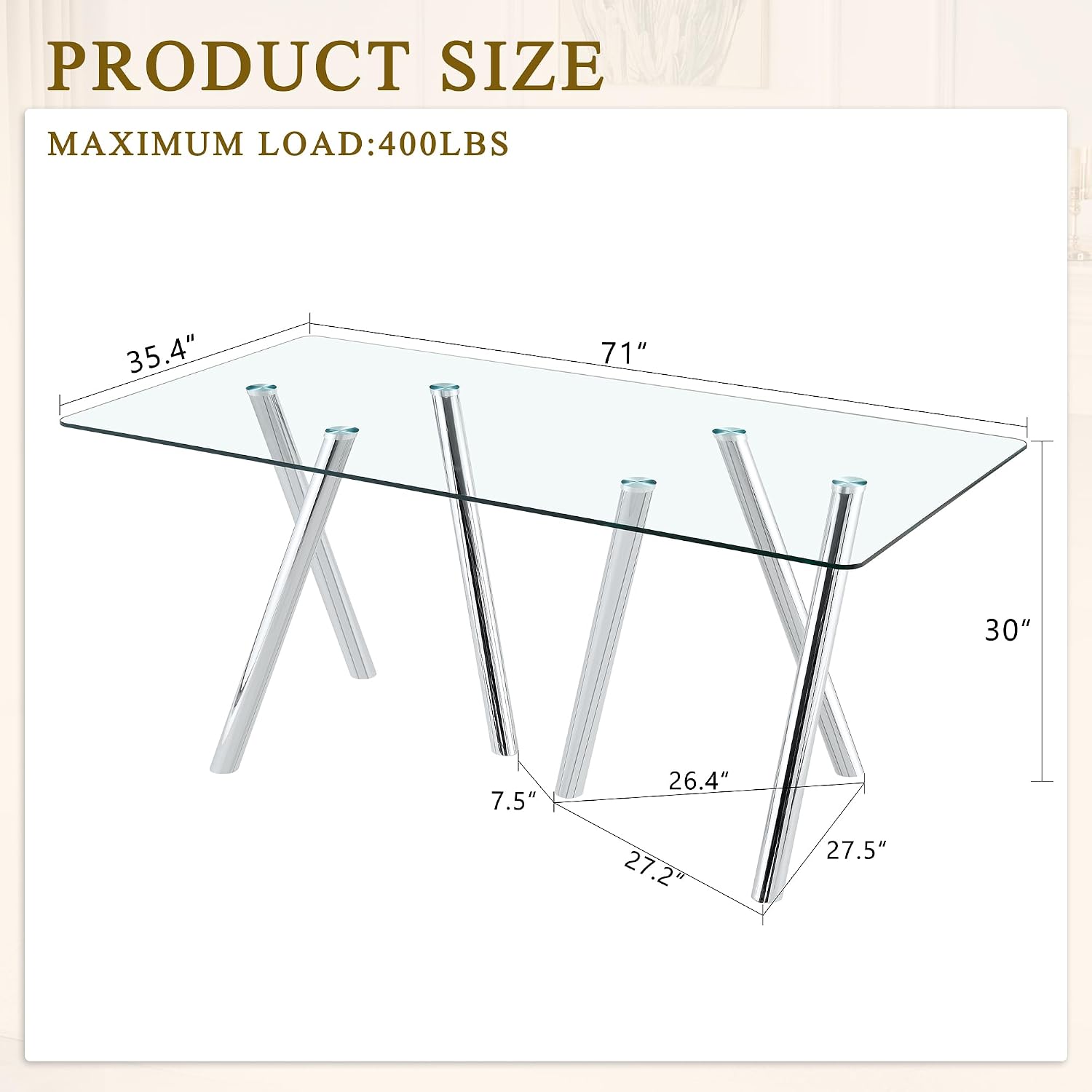 71' Glass Silver Dining Table for 4 6, Modern Kitchen Dining Room Table with 0.39' Thick Tempered Glass Tabletop and Metal Legs, Large Rectangle Dinner Tables for Home Kitchen Living Room