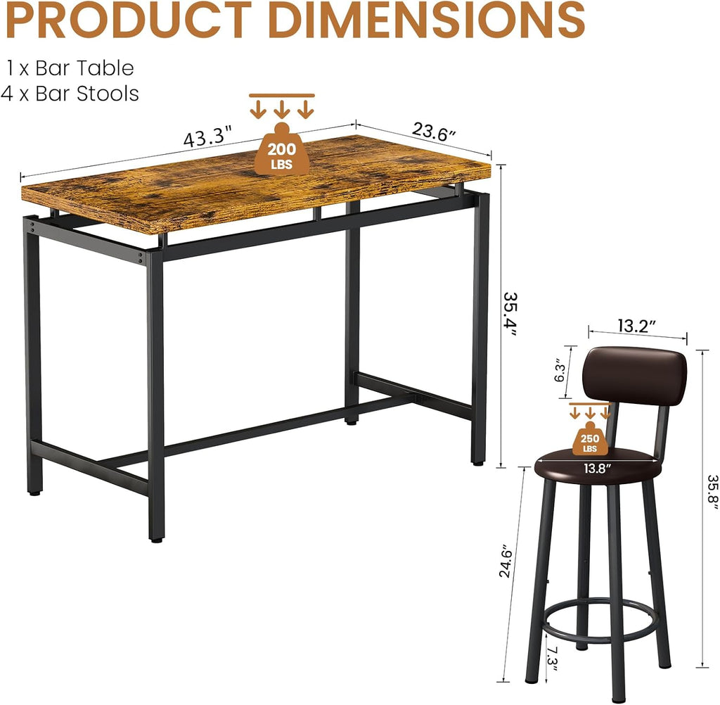 Recaceik Bar Table Set for 4 Bar Table and Chairs Set, Industrial Dinner Table with 4 PU Leather Upholstered Backrest Stool, Counter Height Pub Dining Room Table Set for Apartment Small Spaces
