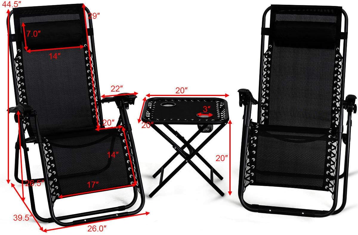 Folding Zero Gravity Recliner Lounge Chairs Table Set Camping Beach Black 3 pcs