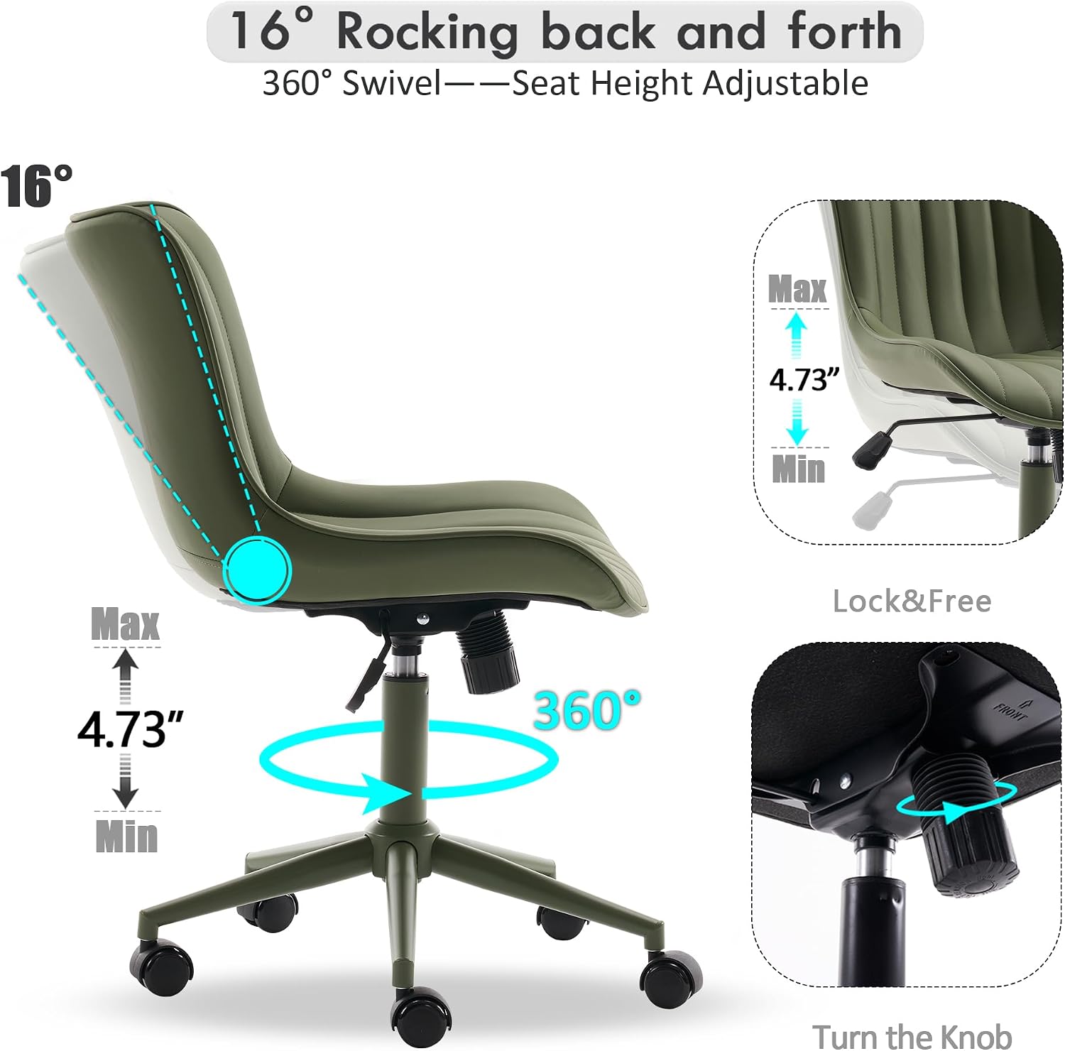 YOUNIKE Home Office Desk Chair with Wheels Armless Vanity Chair with Back Comfy Modern Leather Upholstered Rolling Task Chair Swivel Small Cute Sewing Chair No Arms Wide Adjustable Sage Green