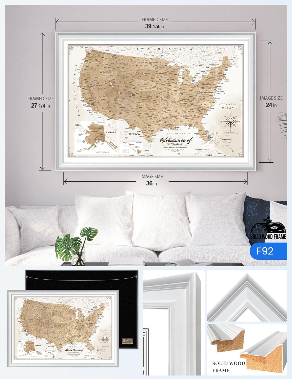 IPIC - Custom Canvas USA Map for Wall Decor, Push Pin Board Decor to Mark Travels, Personalized Artwork with Names and Message on, Oversize USA Travel Map Print for Home, Office, Study, and RV