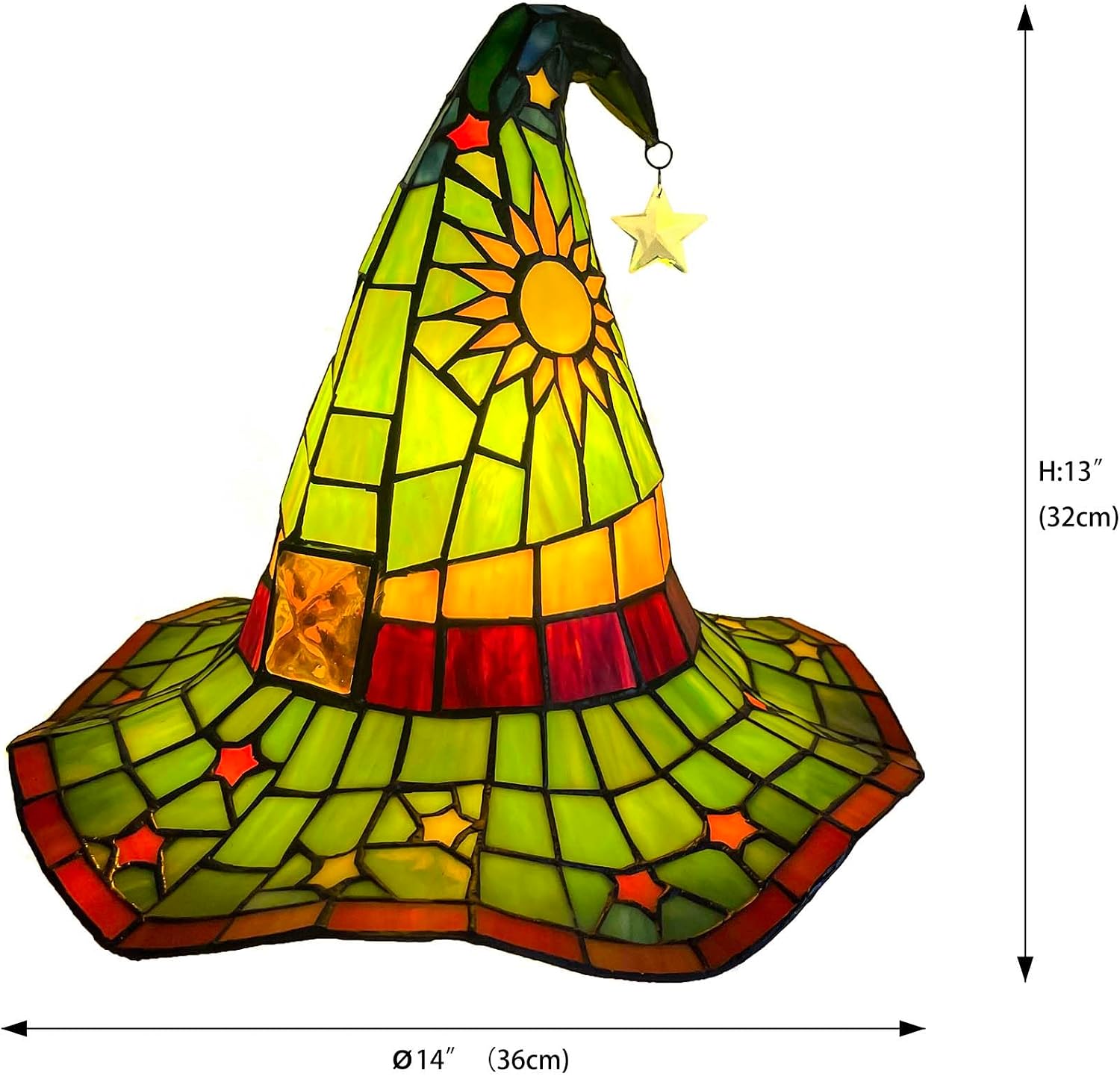 Bieye L13011 Tiffany Style Stained Glass Wizard Hat Table Lamp with Hanging Star, Handcrafted Fantasy Witch Hat Accent Light for Magical Home & Halloween Décor