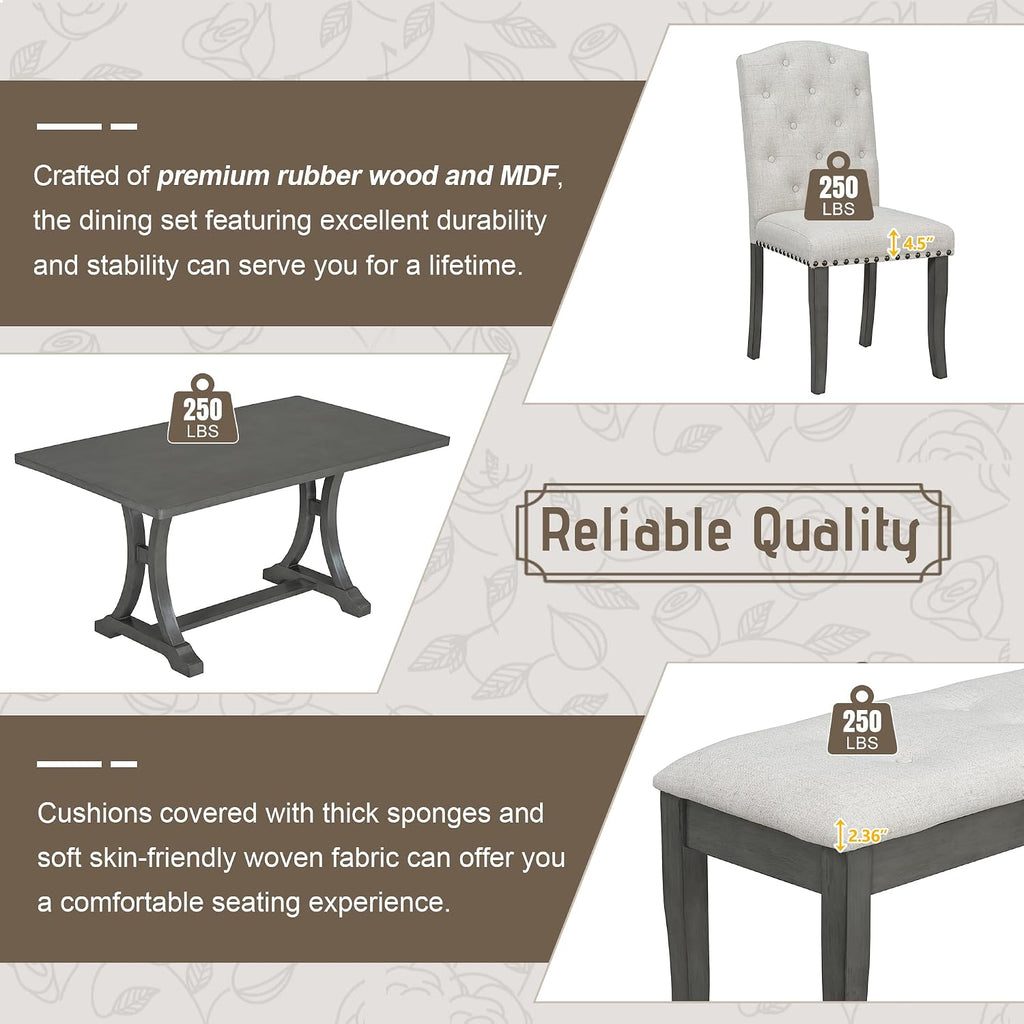 Harper & Bright Designs Classic and Traditional Style 6 - Piece Dining Set, Includes Dining Table, 4 Upholstered Chairs & Bench(Antique Gray1)