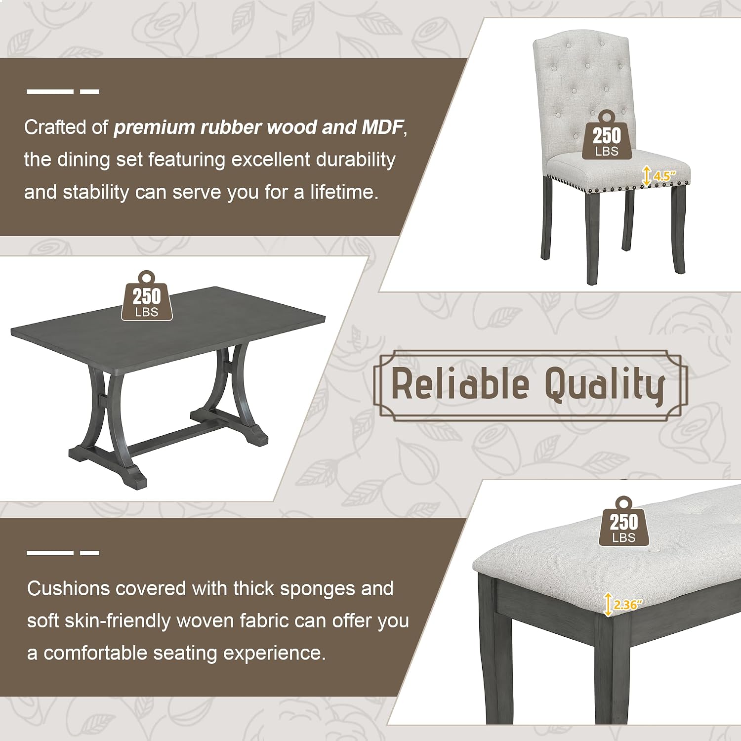 Harper & Bright Designs Classic and Traditional Style 6 - Piece Dining Set, Includes Dining Table, 4 Upholstered Chairs & Bench(Antique Gray1)